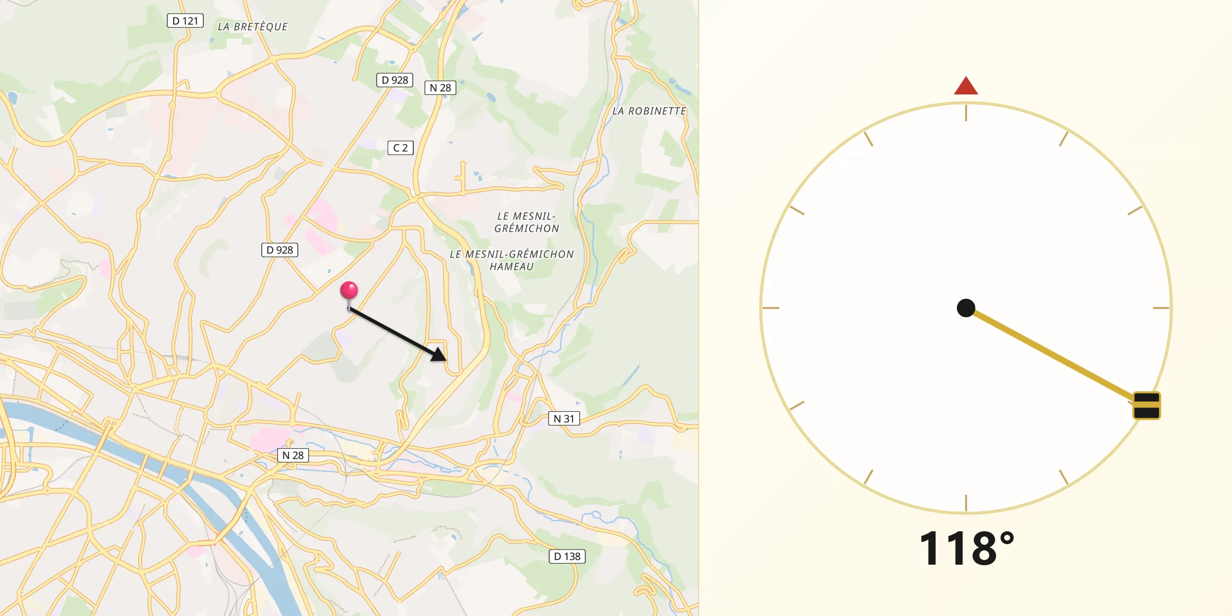 Direction vers la Qibla depuis Bihorel