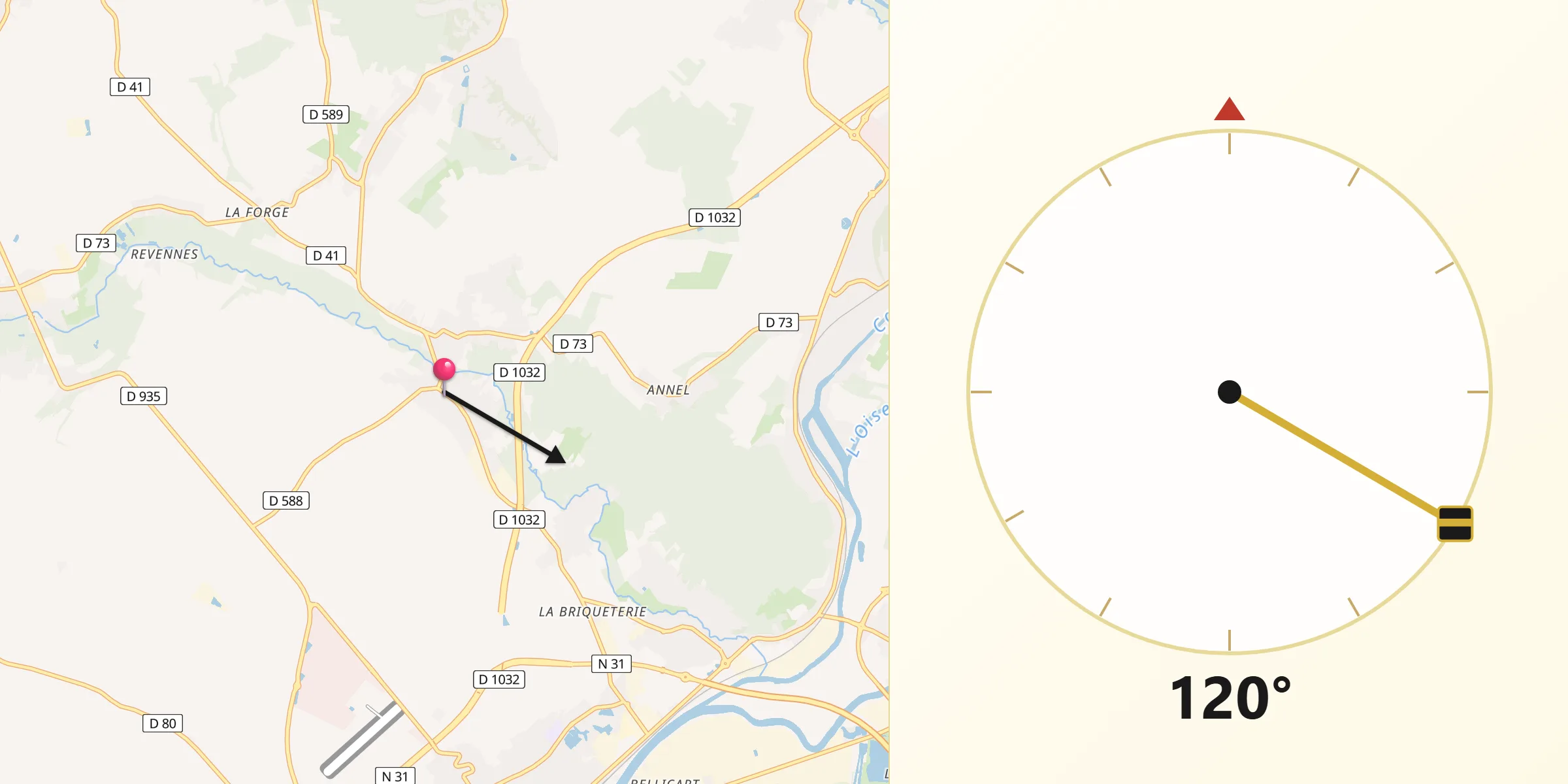 Direction vers la Qibla depuis Coudun