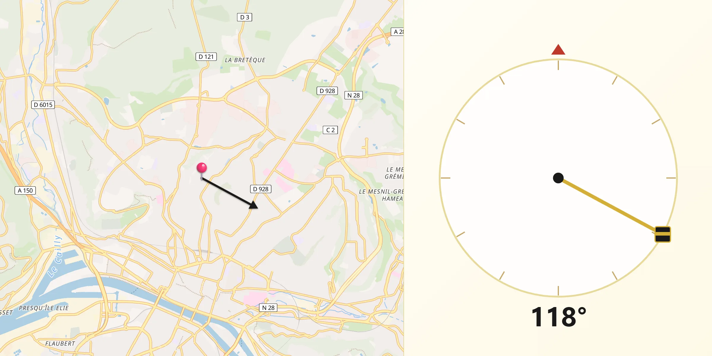 Direction vers la Qibla depuis Mont-Saint-Aignan
