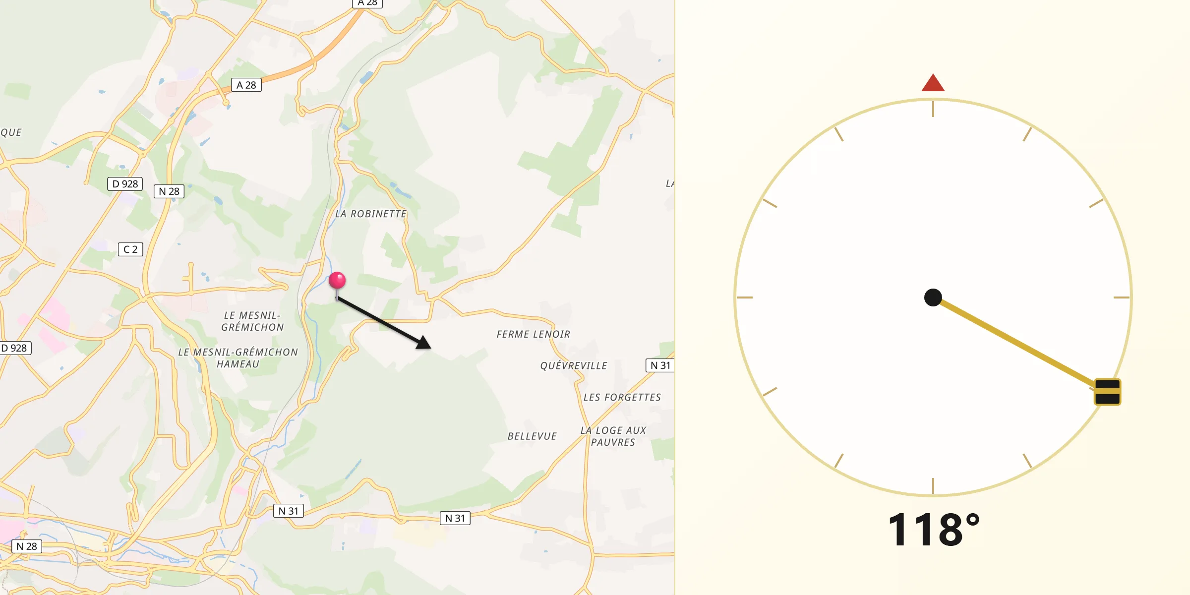 Direction vers la Qibla depuis Saint-Martin-du-Vivier