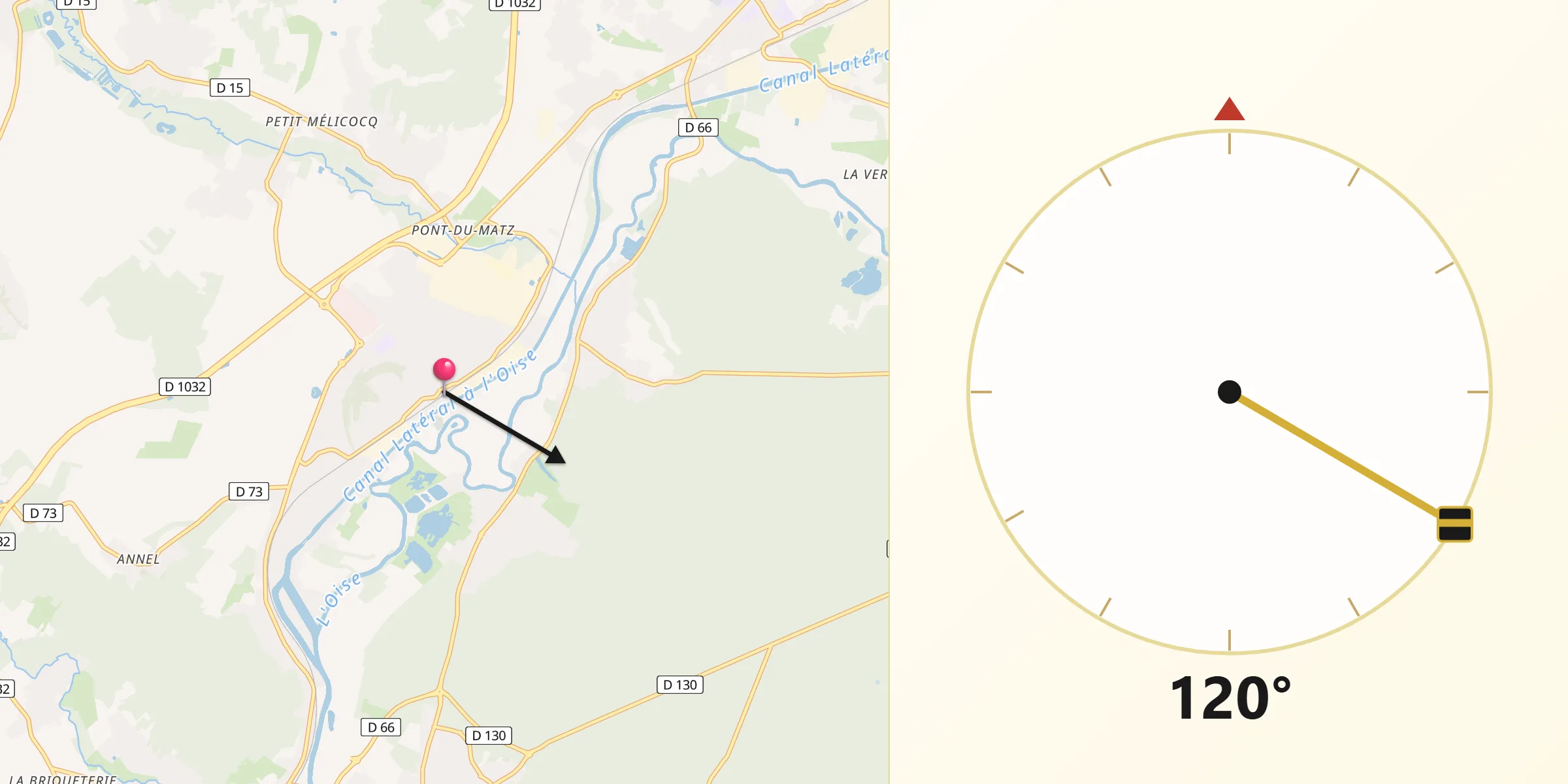 Direction vers la Qibla depuis Thourotte