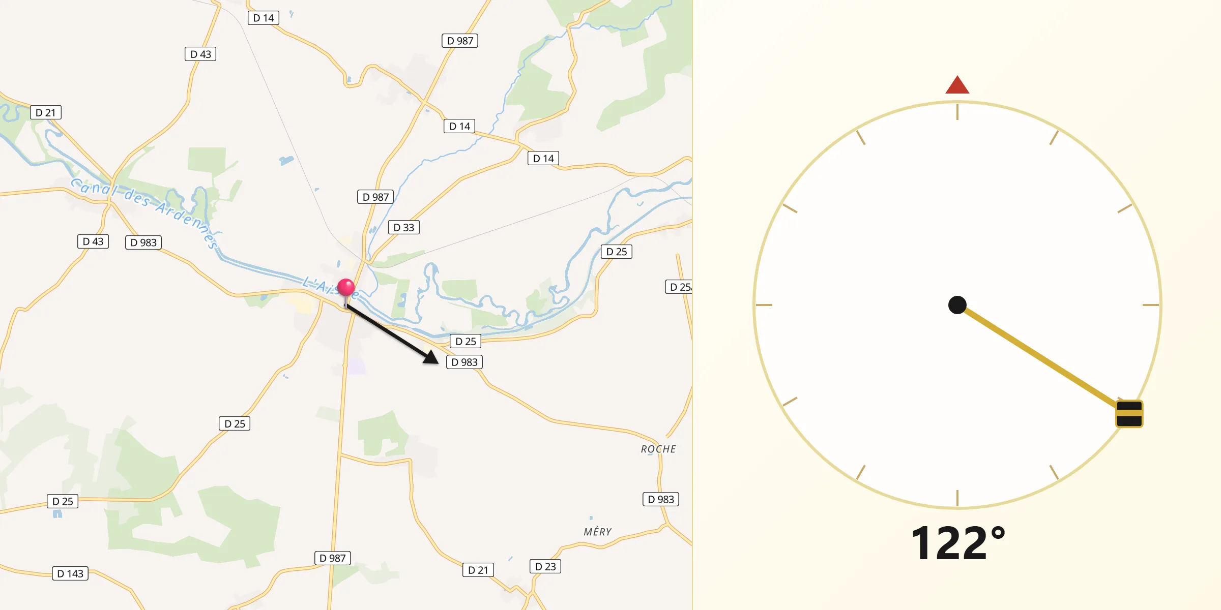 Direction vers la Qibla depuis Attigny