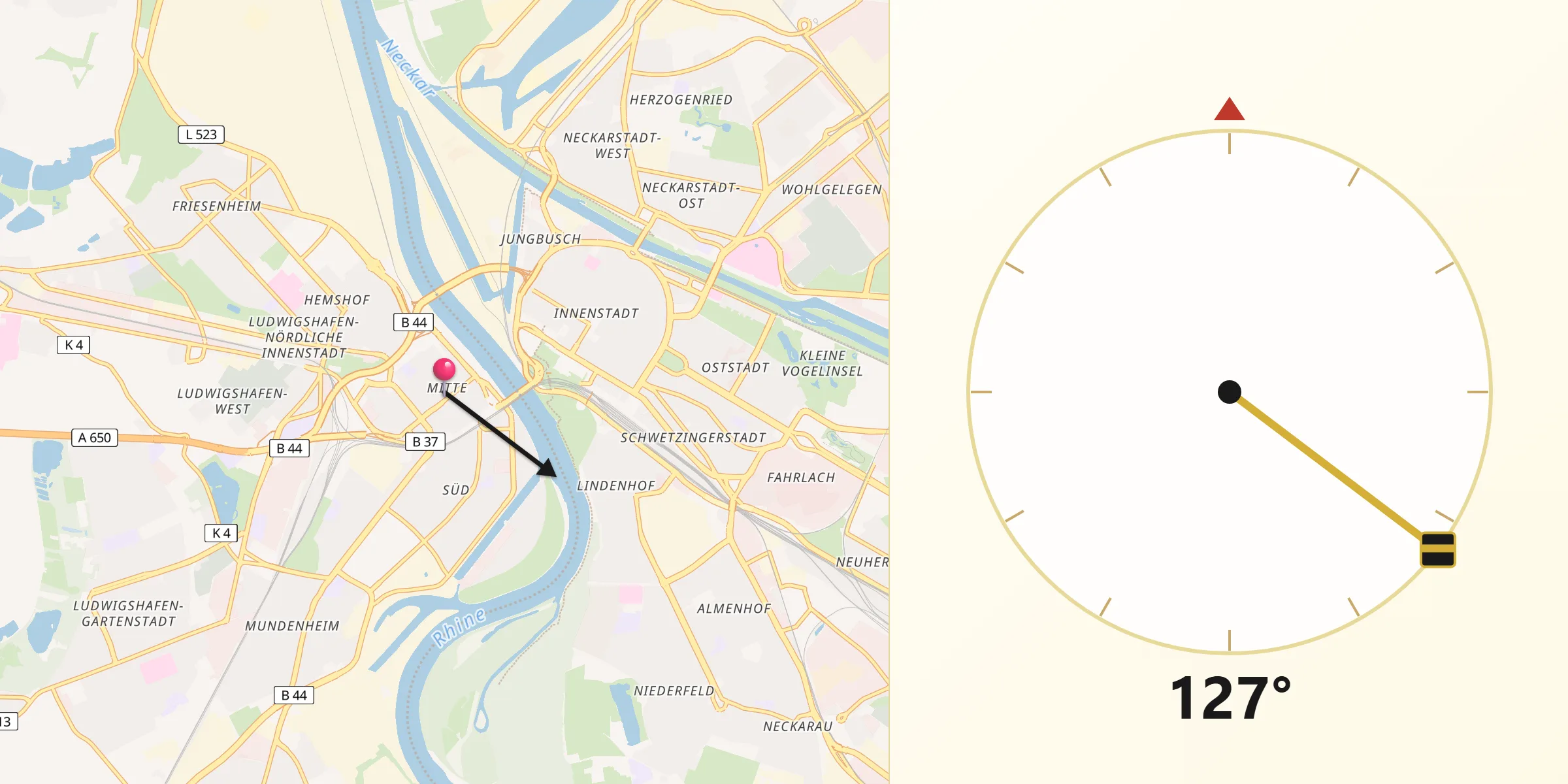 Qibla-Richtung von Ludwigshafen am Rhein