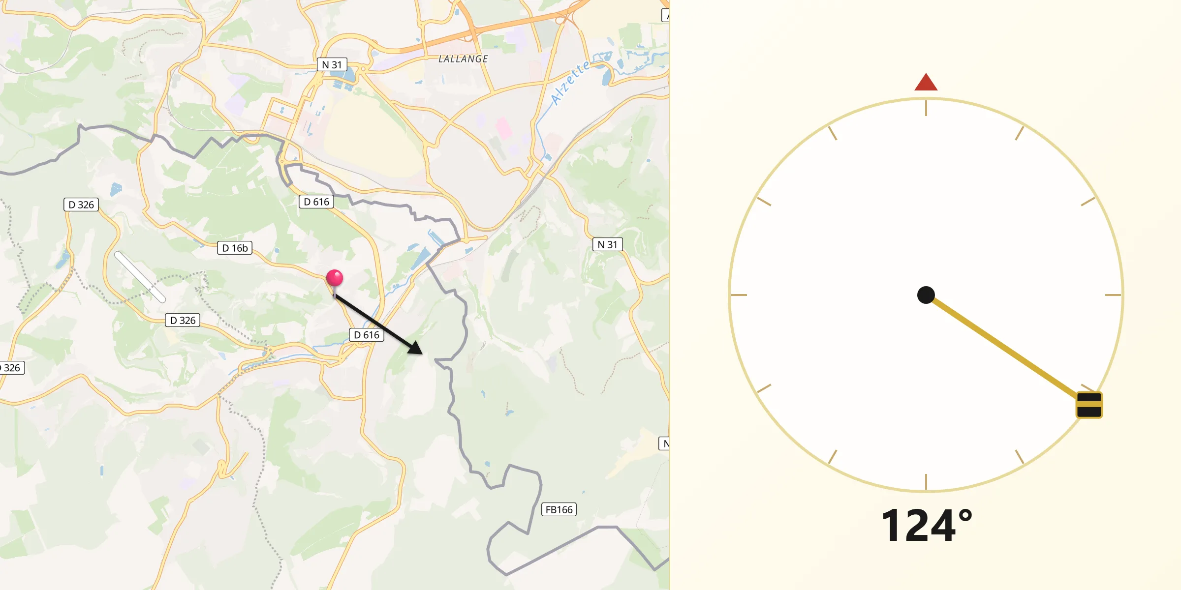 Direction vers la Qibla depuis Russange