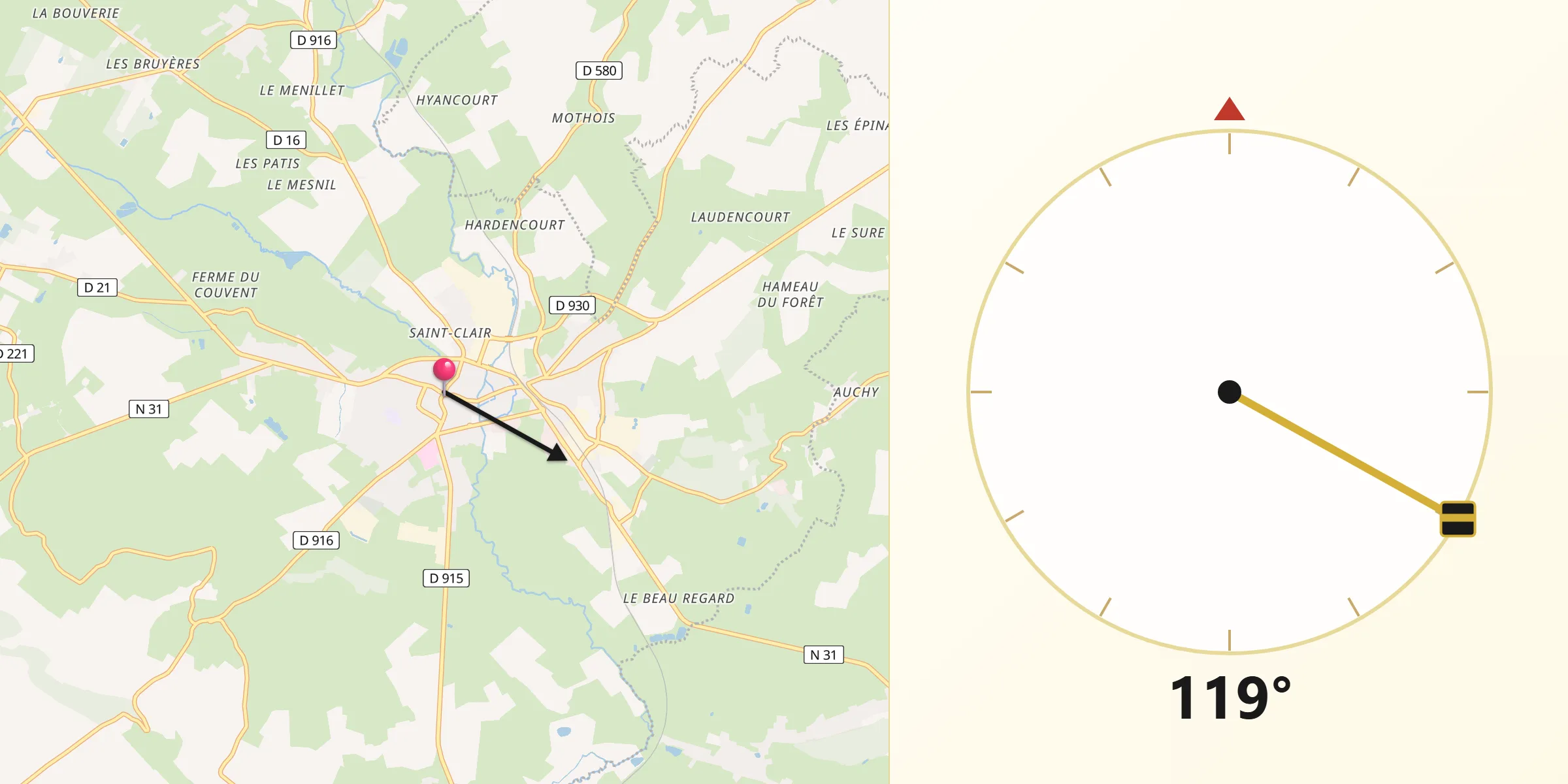 Direction vers la Qibla depuis Gournay-en-Bray