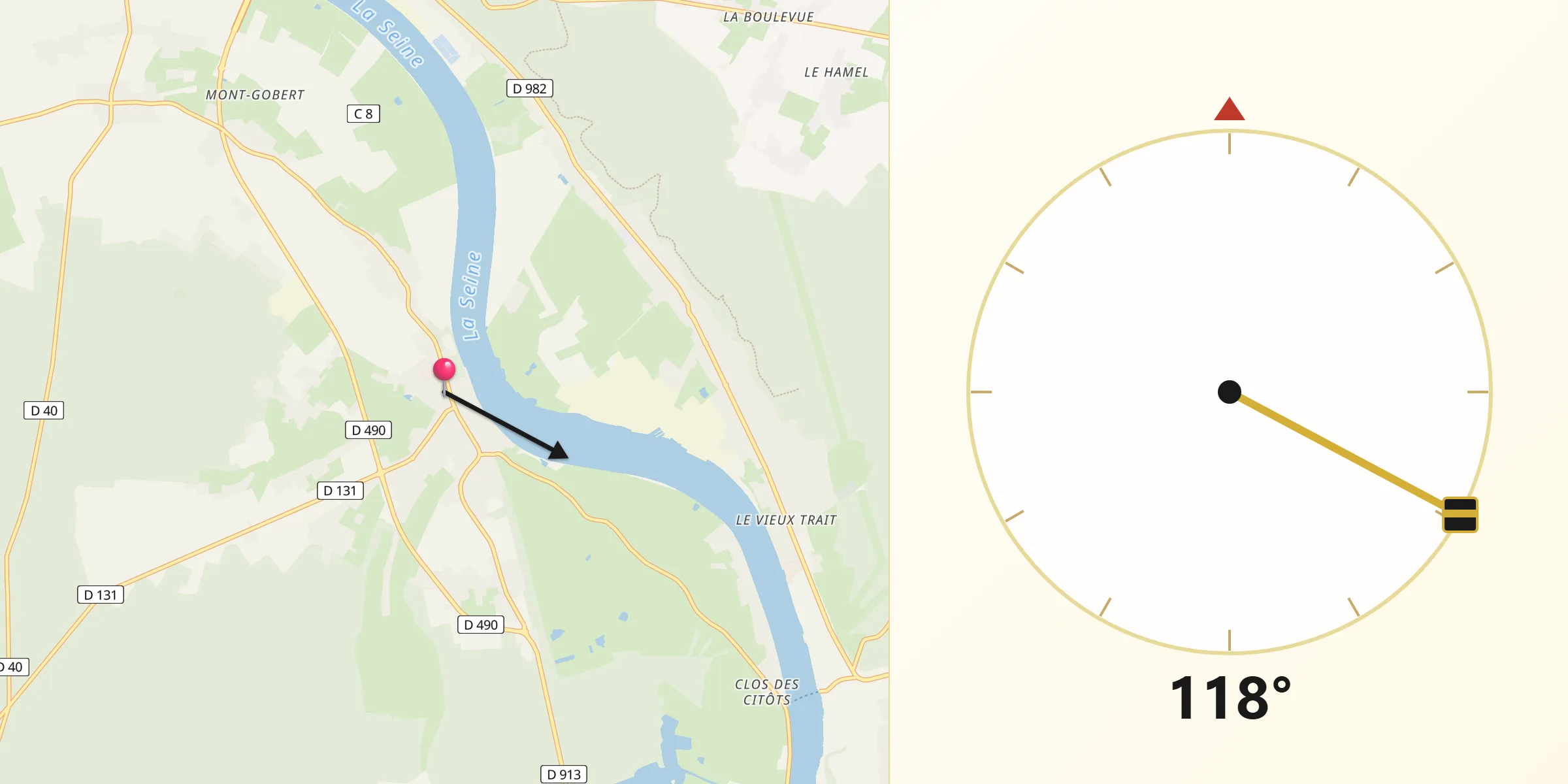 Direction vers la Qibla depuis La Mailleraye-sur-Seine