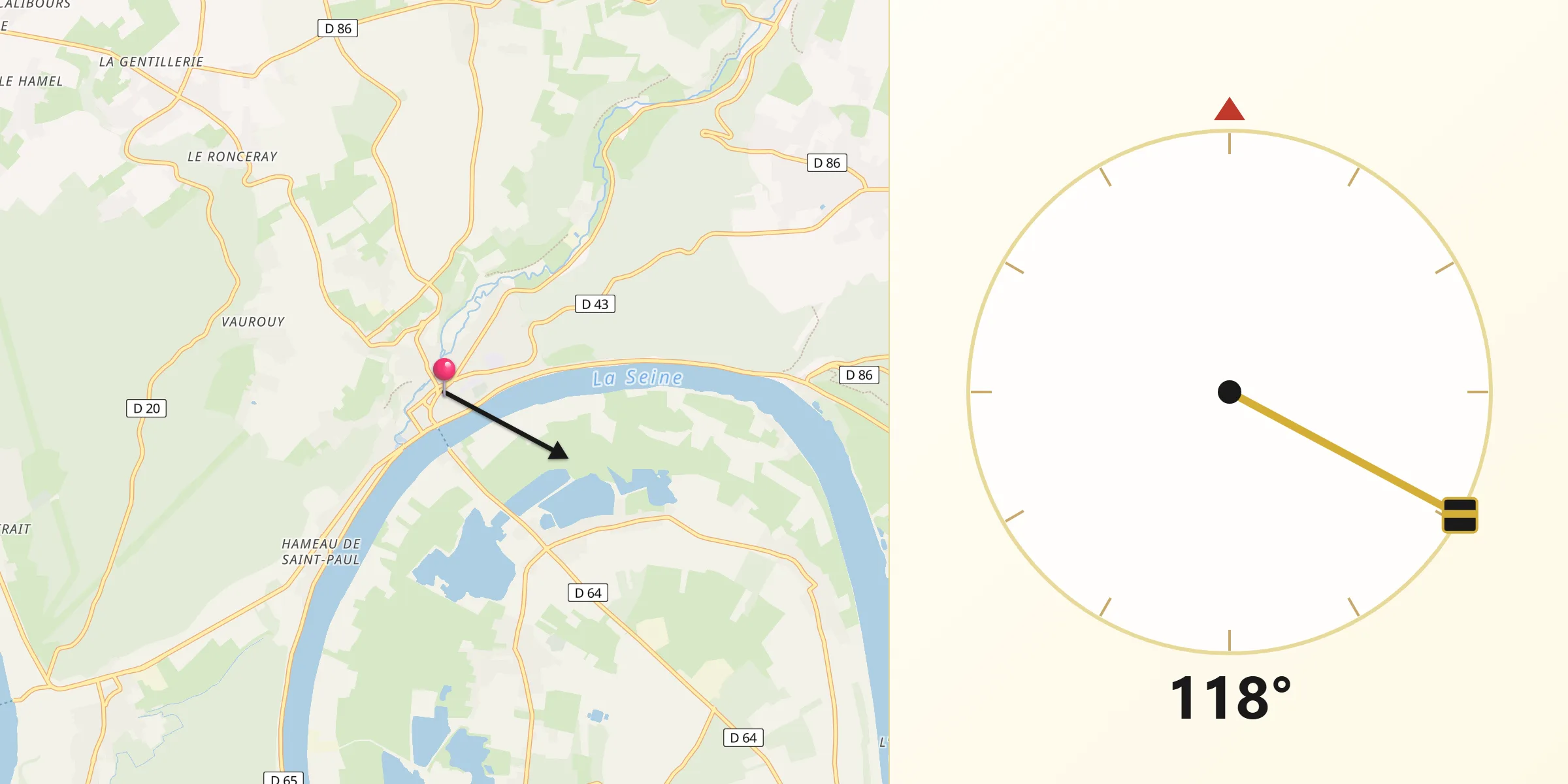 Direction vers la Qibla depuis Duclair