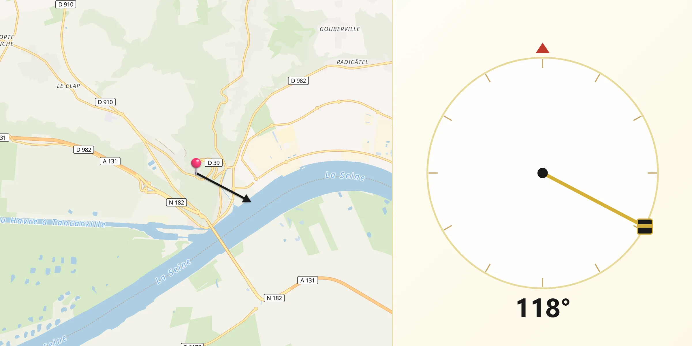 Direction vers la Qibla depuis Tancarville