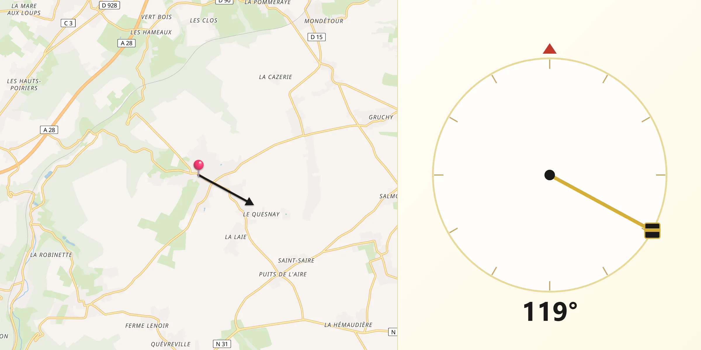 Direction vers la Qibla depuis Préaux