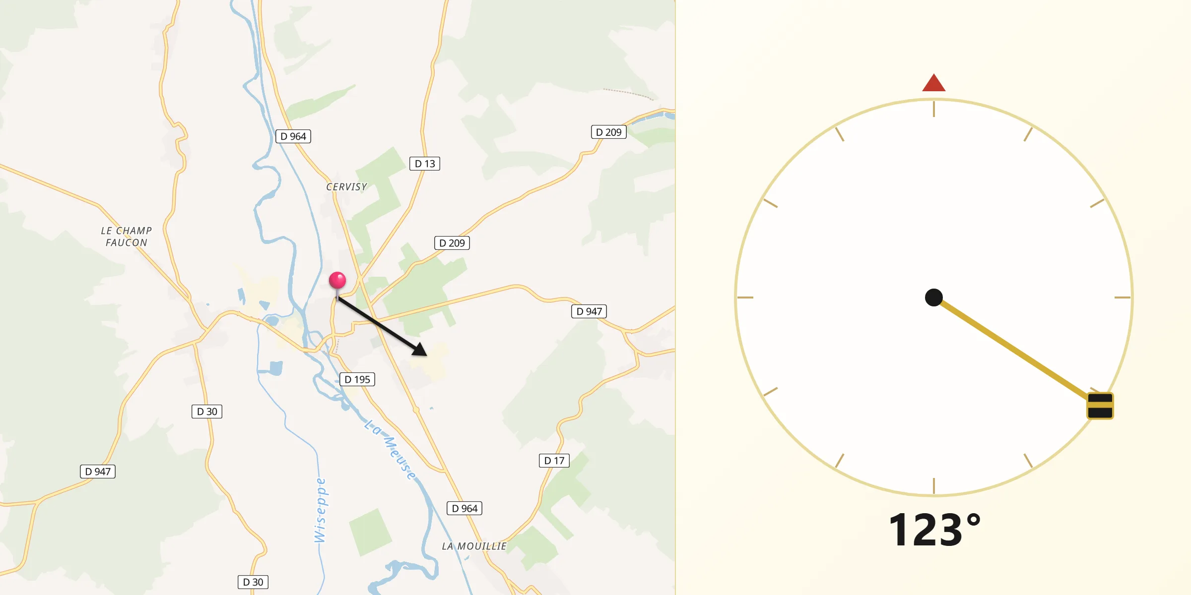 Direction vers la Qibla depuis Stenay