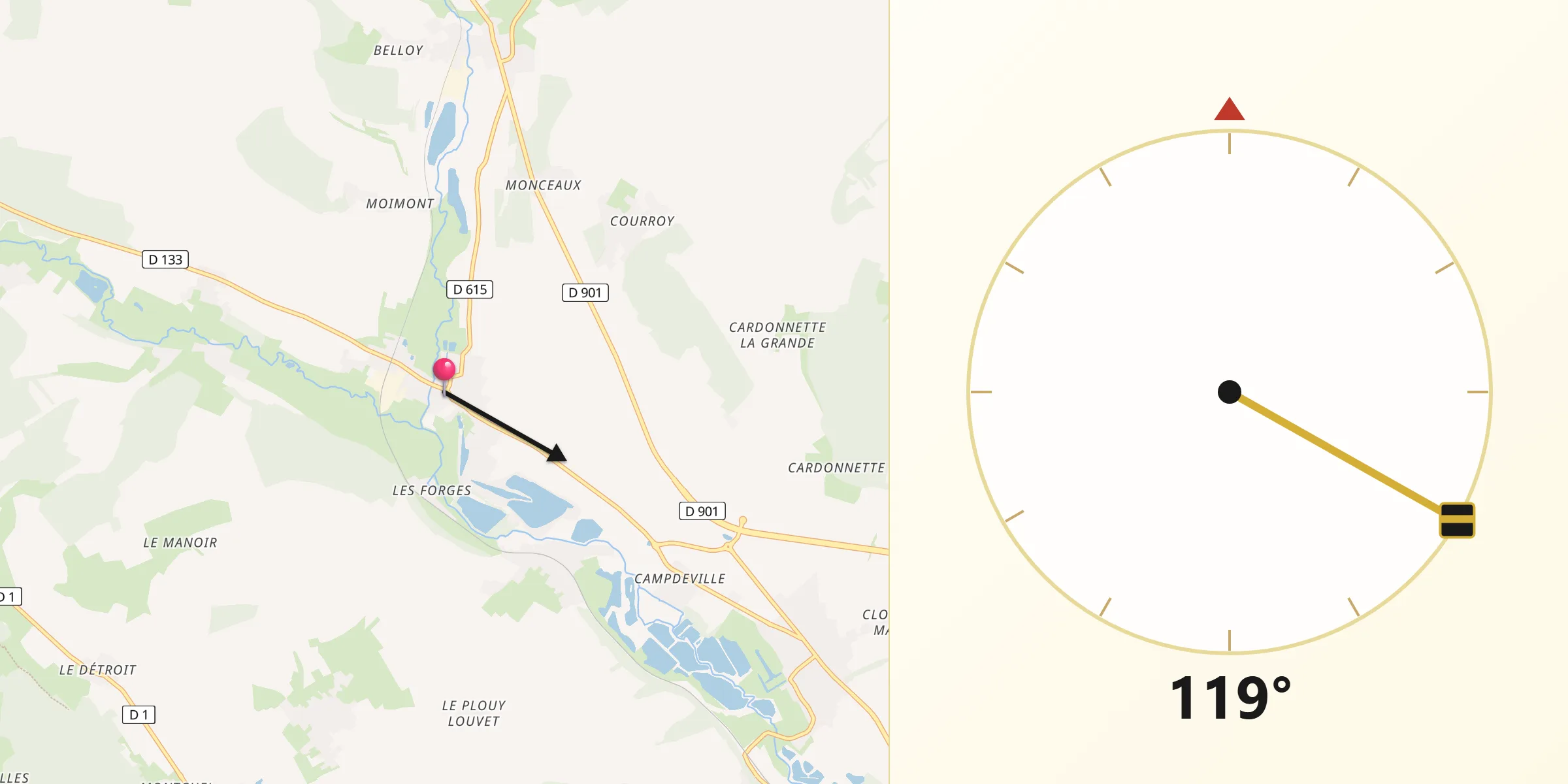 Direction vers la Qibla depuis Milly-sur-Thérain