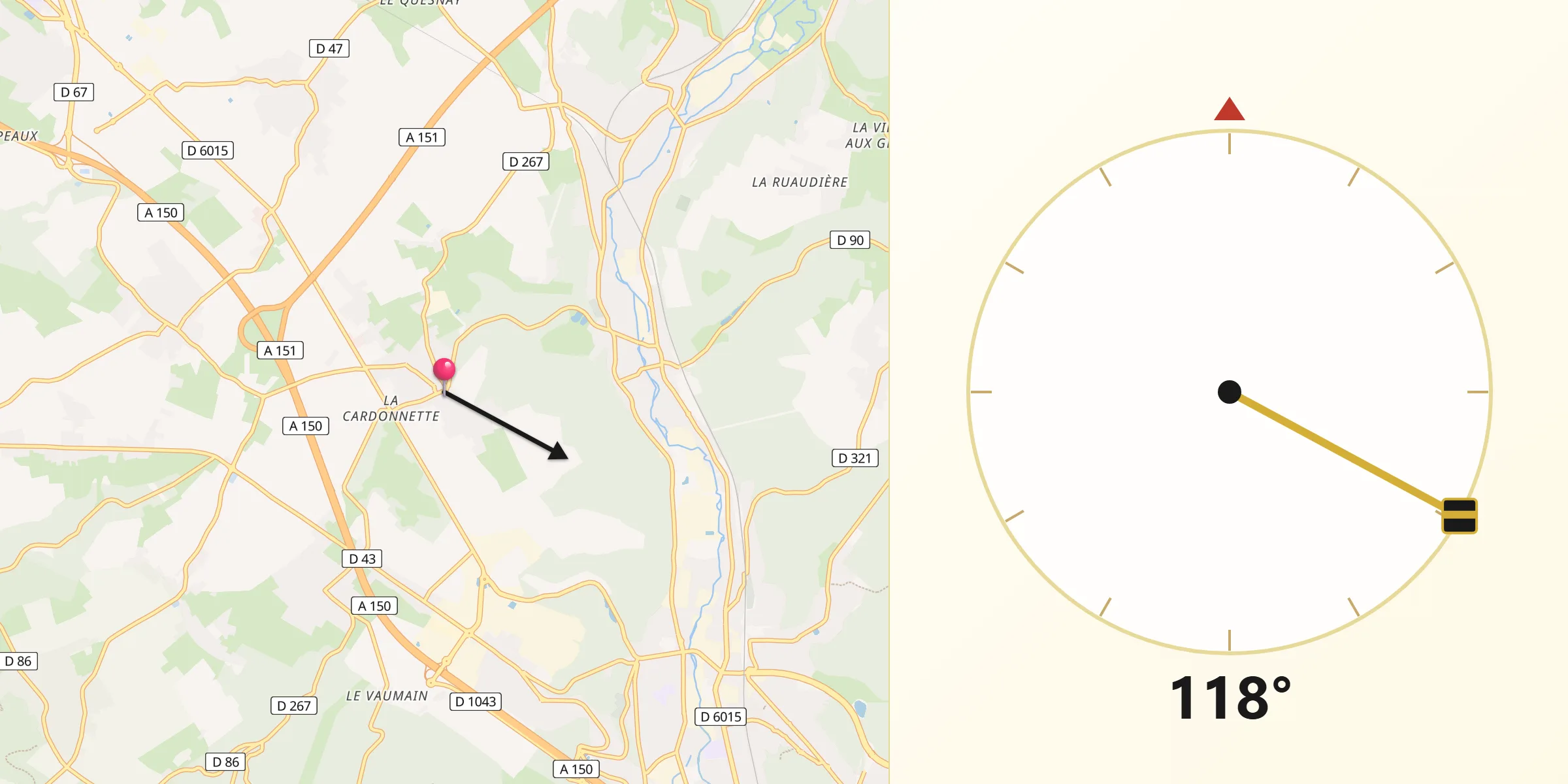 Direction vers la Qibla depuis Saint-Jean-du-Cardonnay