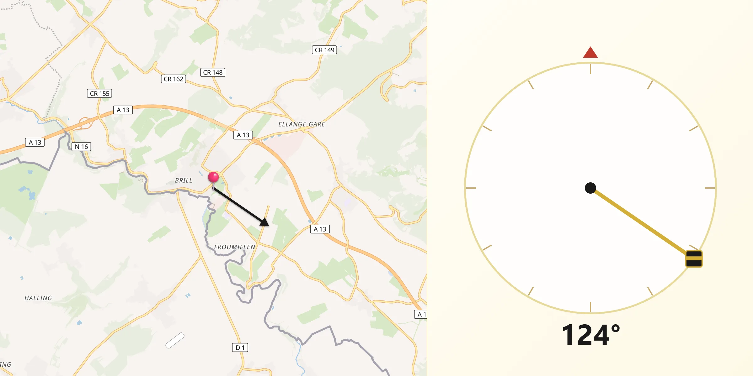 Direction vers la Qibla depuis Mondorf-les-Bains