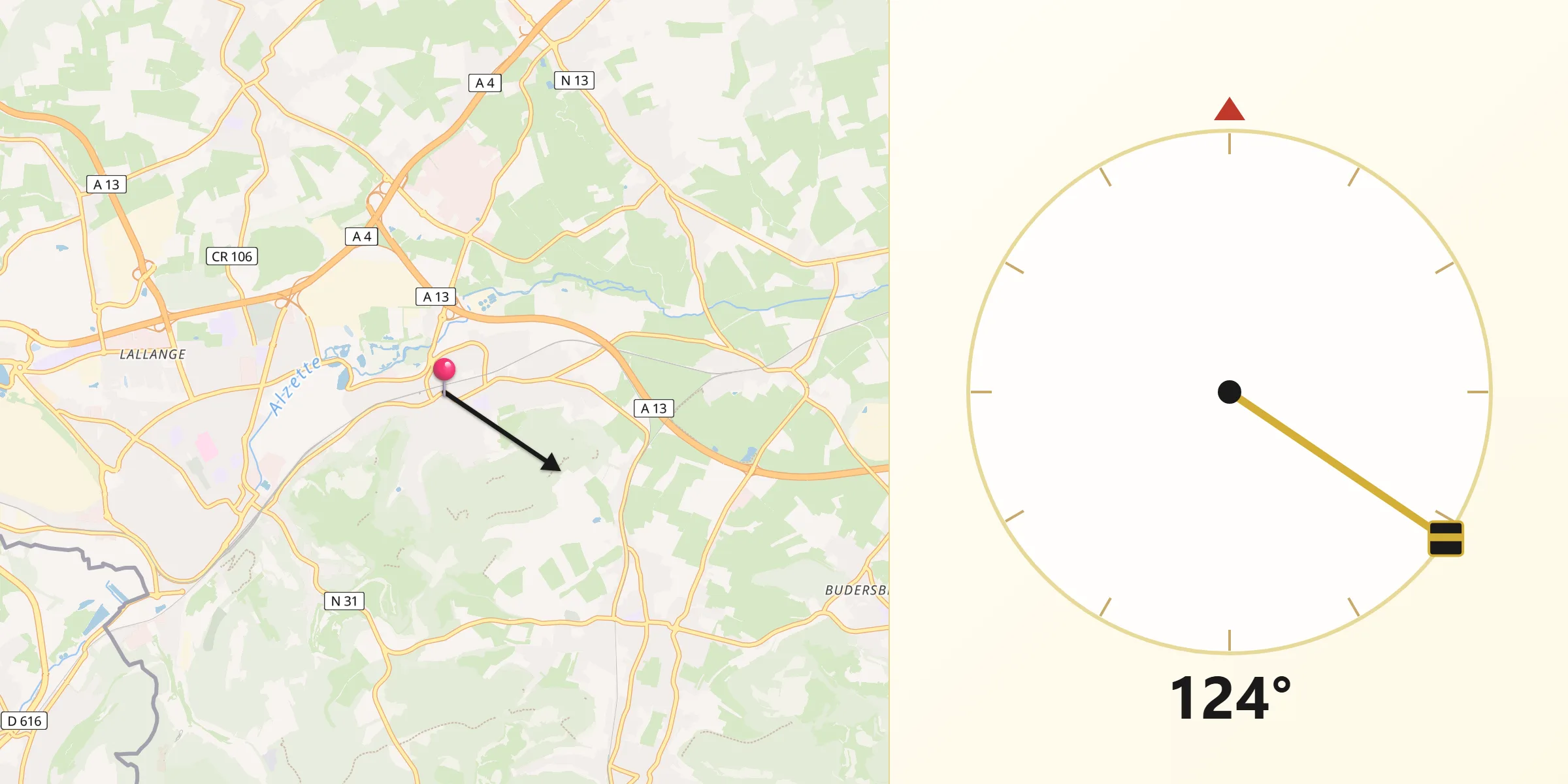 Direction vers la Qibla depuis Schifflange