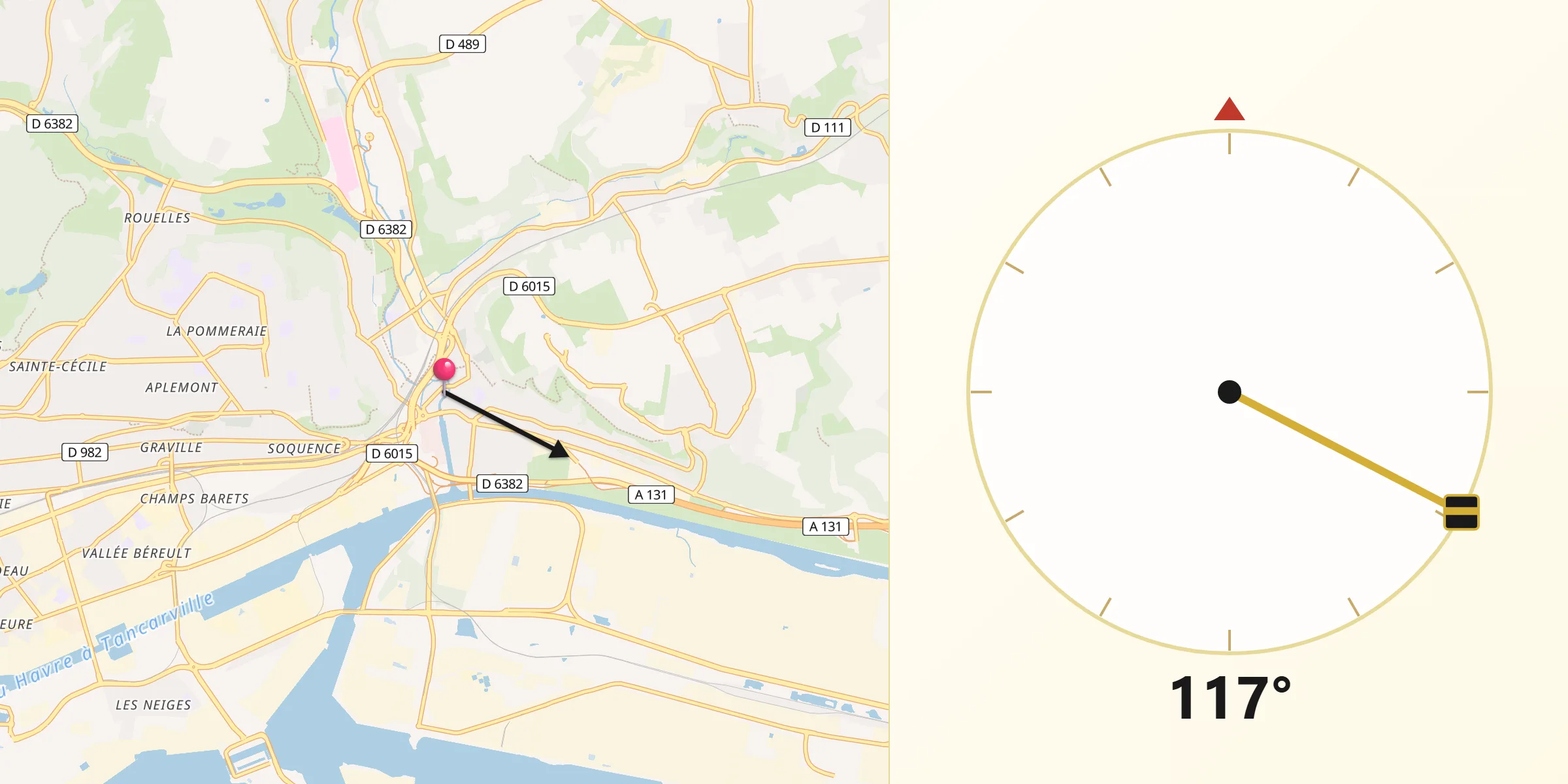 Direction vers la Qibla depuis Harfleur