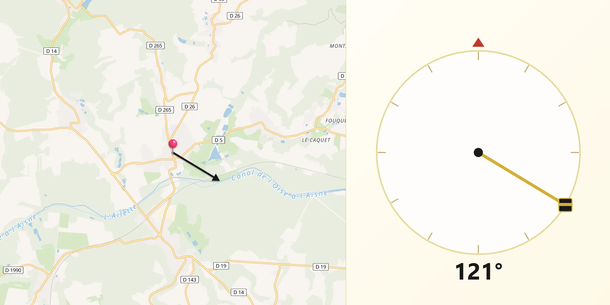 Direction vers la Qibla depuis Anizy-le-Château