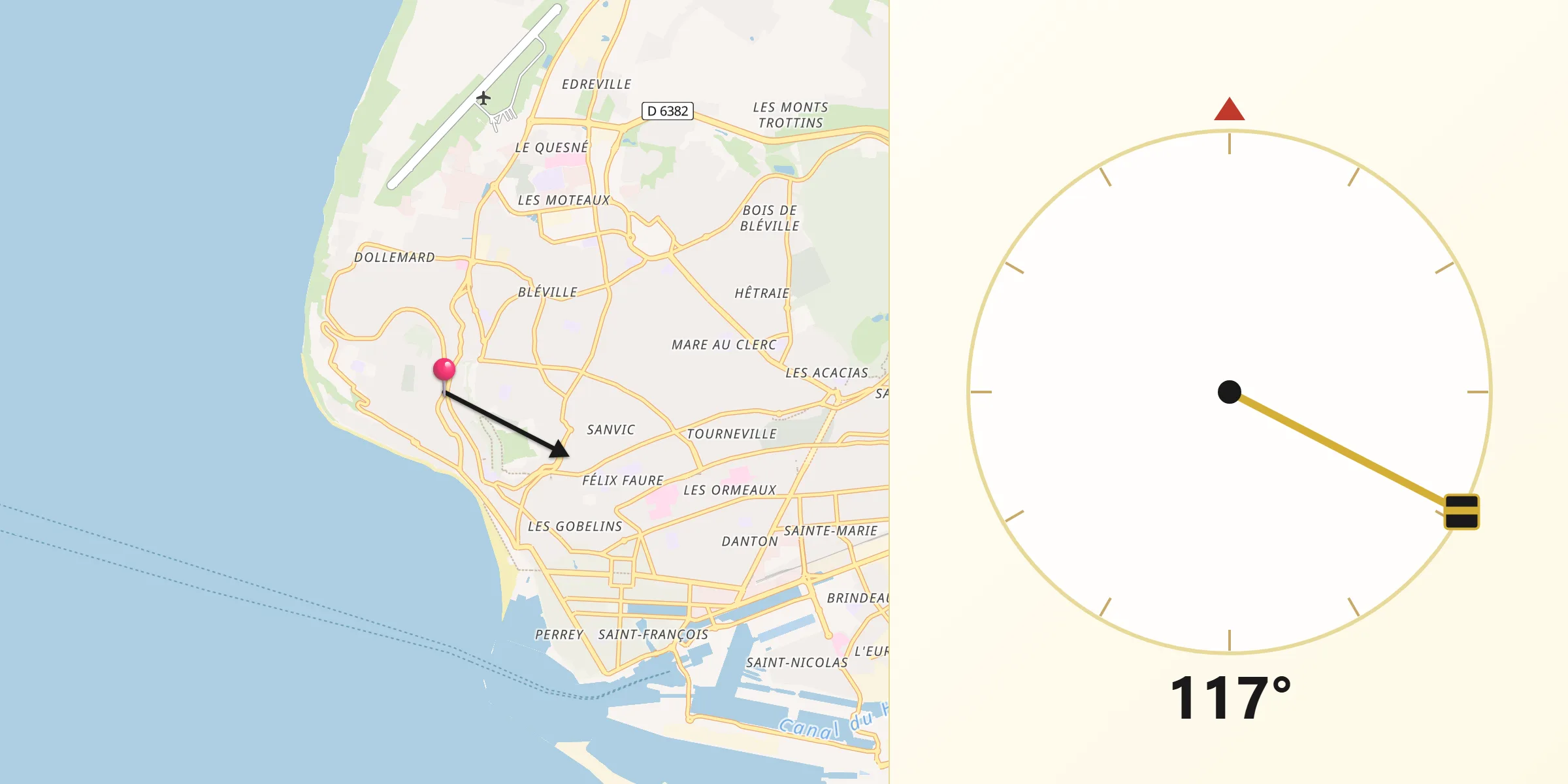 Direction vers la Qibla depuis Sainte-Adresse