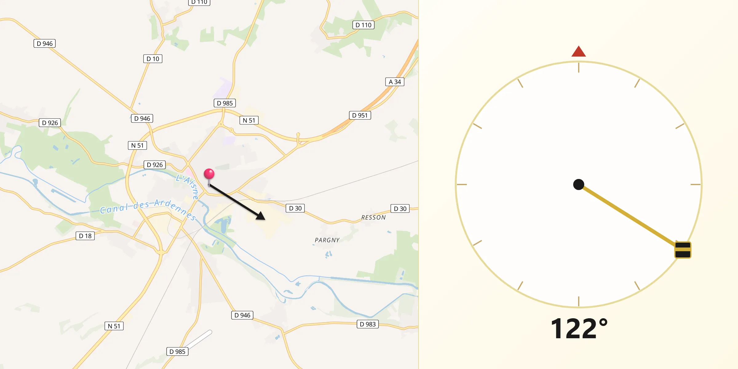 Direction vers la Qibla depuis Rethel