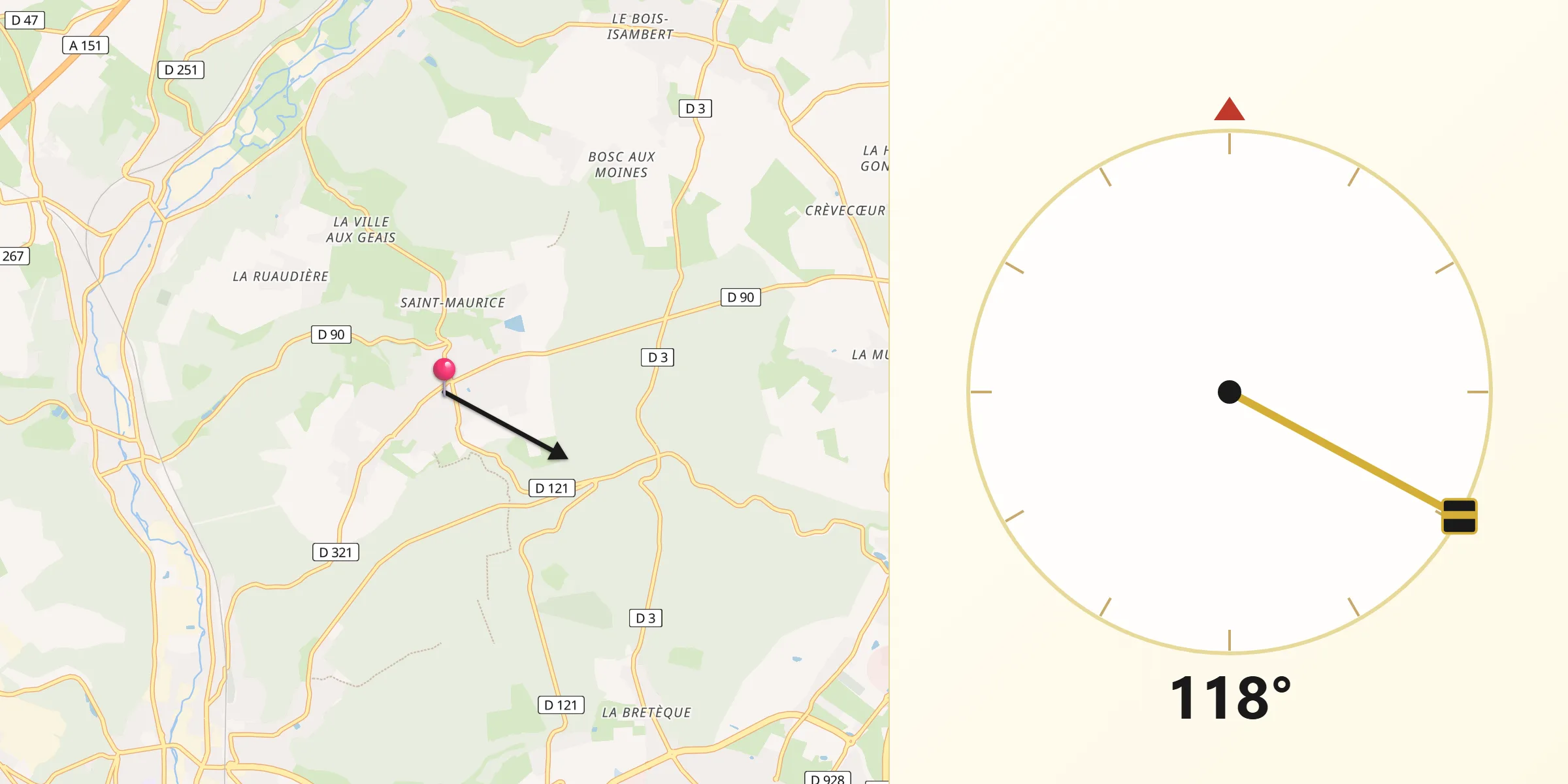 Direction vers la Qibla depuis Houppeville