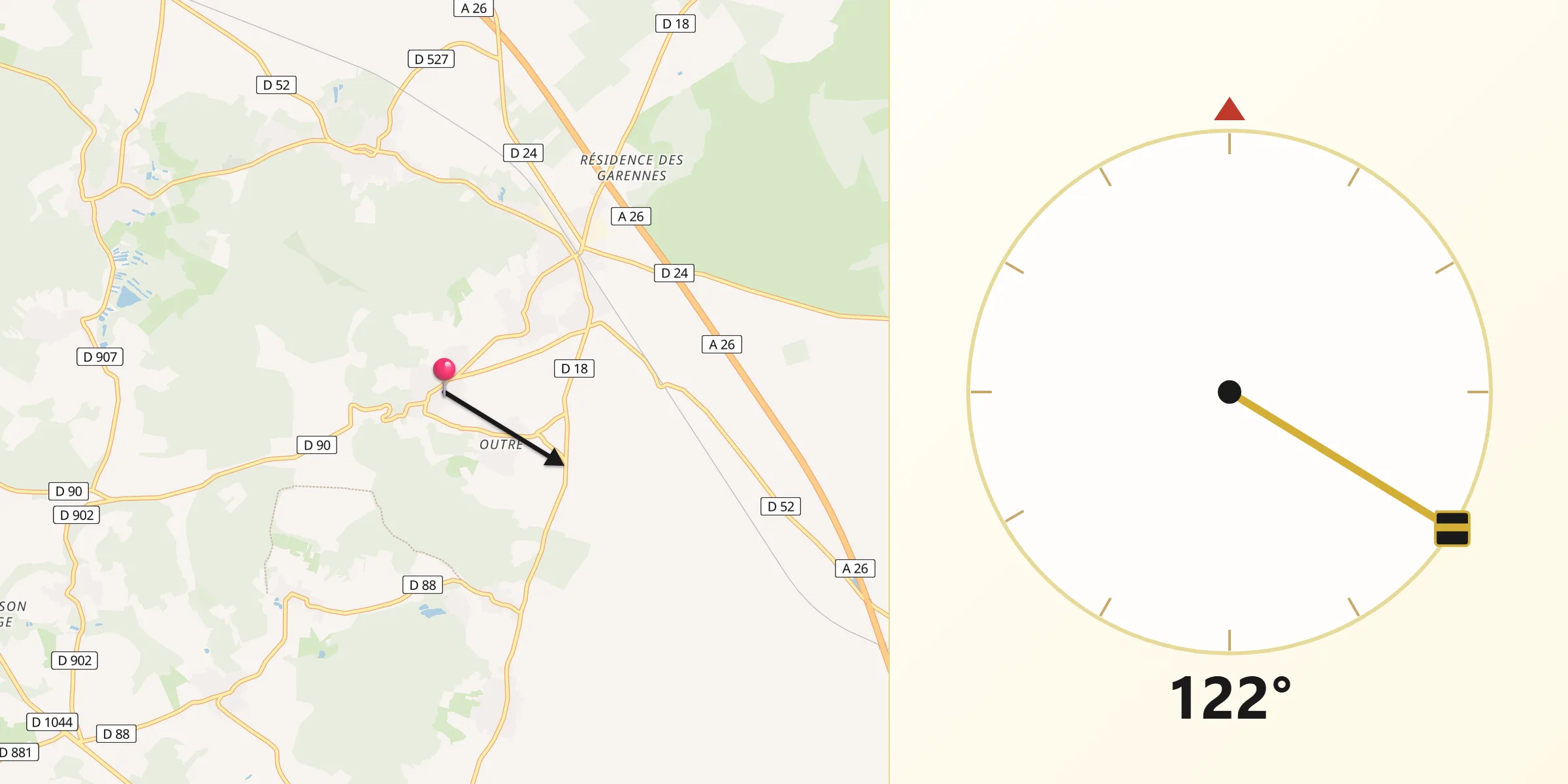 Direction vers la Qibla depuis Saint-Erme-Outre-et-Ramecourt