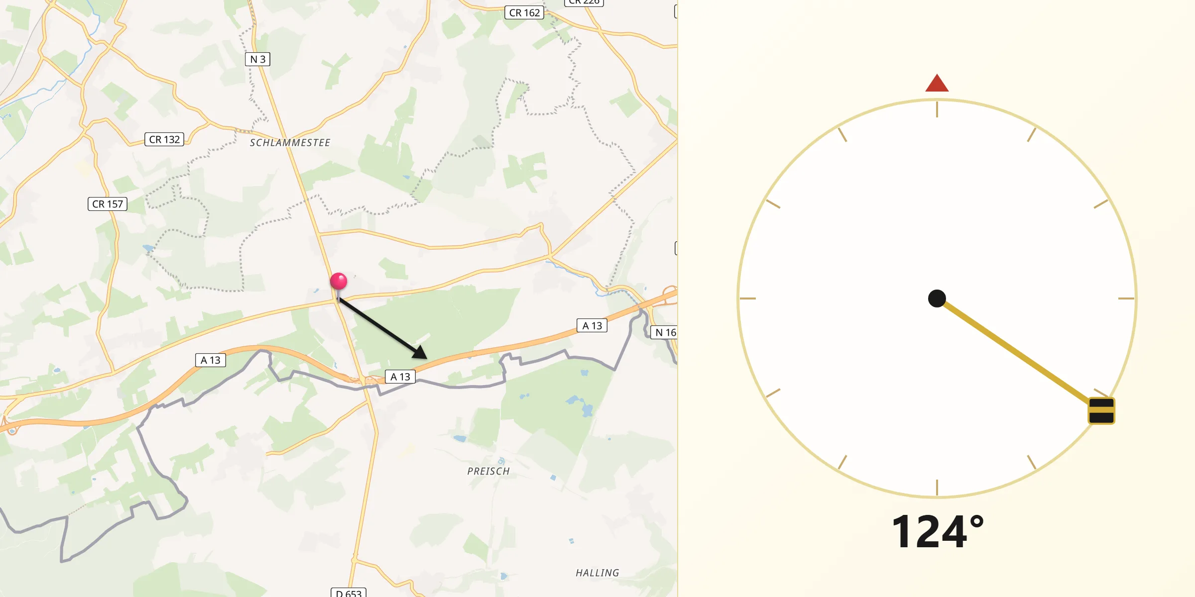 Direction vers la Qibla depuis Frisange