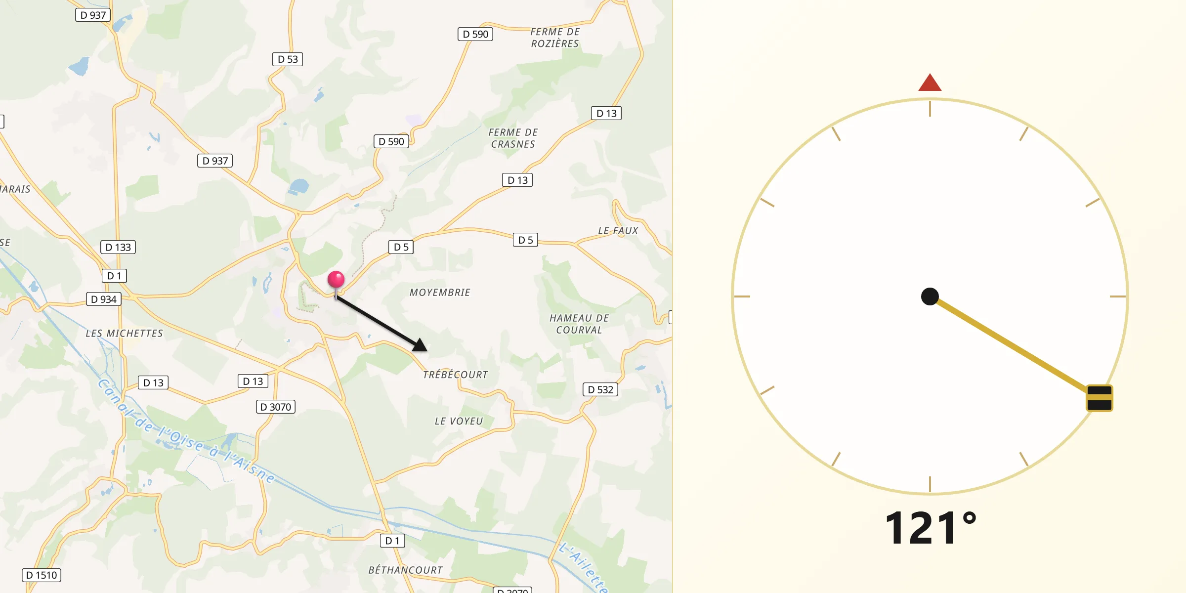 Direction vers la Qibla depuis Coucy-le-Château-Auffrique