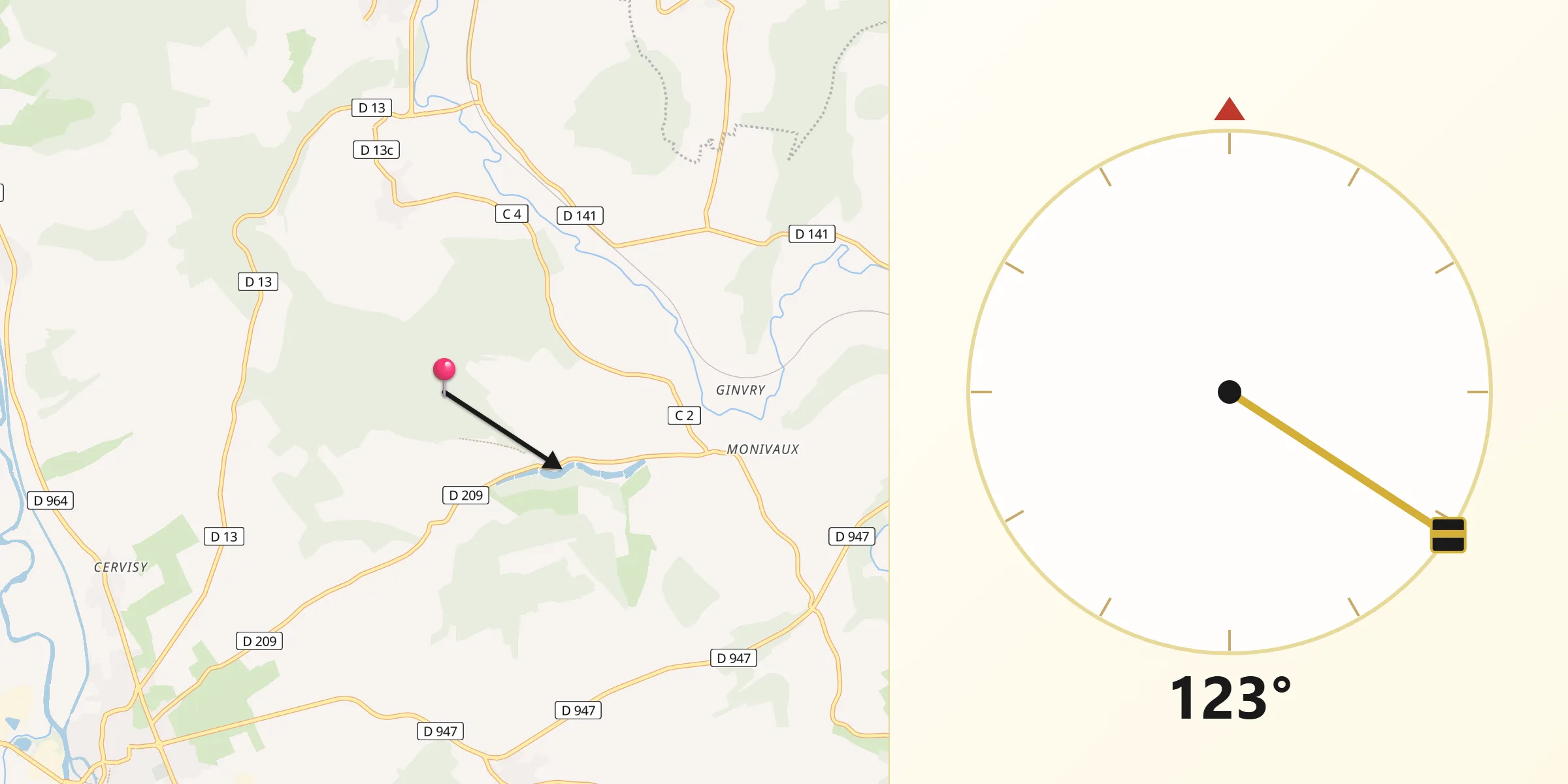 Direction vers la Qibla depuis Brouennes