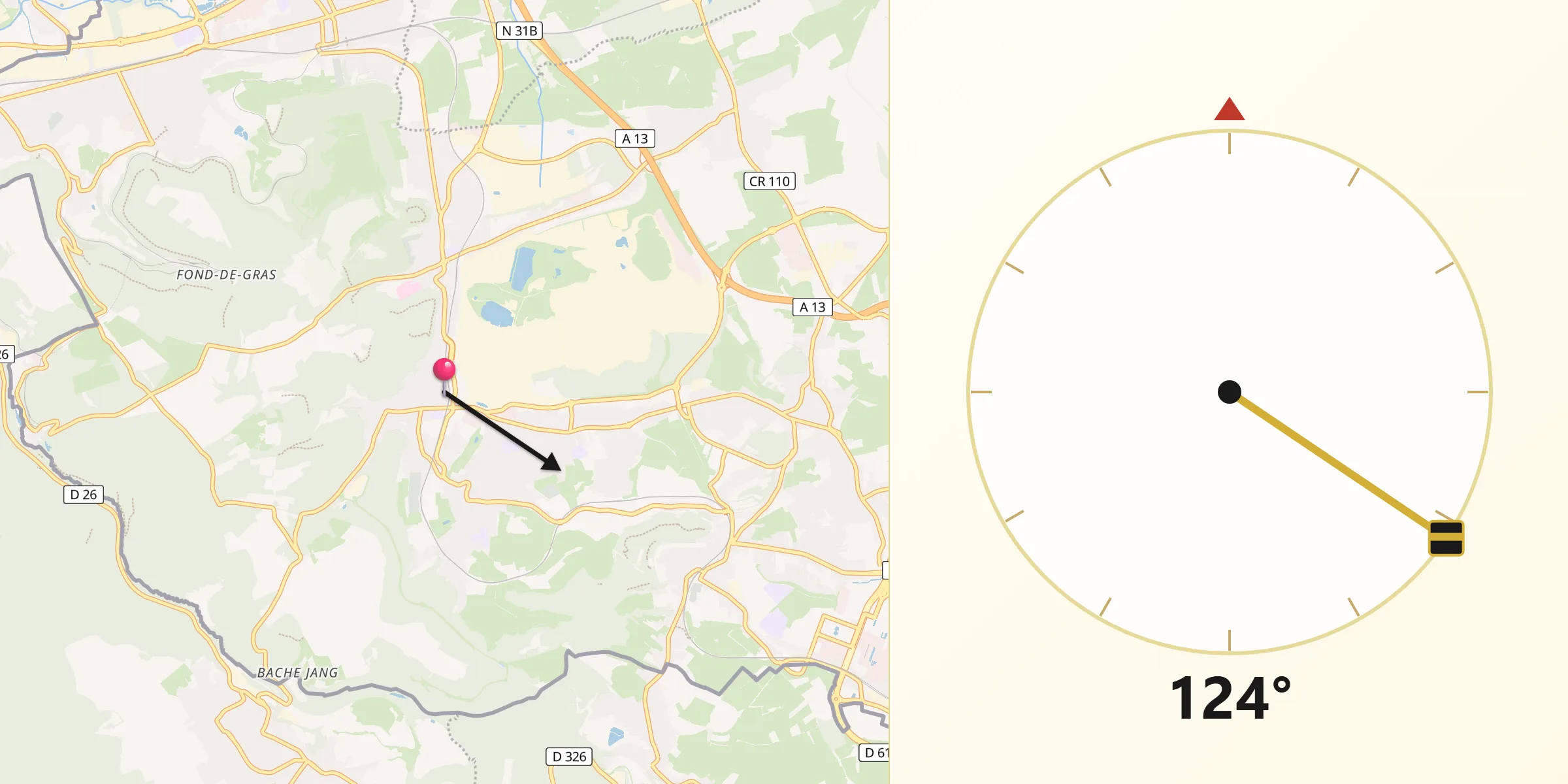 Direction vers la Qibla depuis Differdange