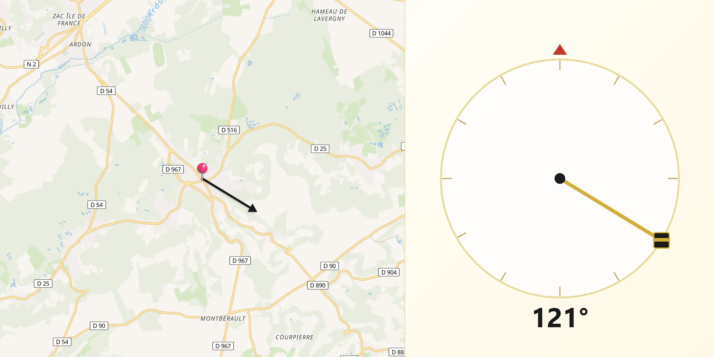 Direction vers la Qibla depuis Bruyères-et-Montbérault