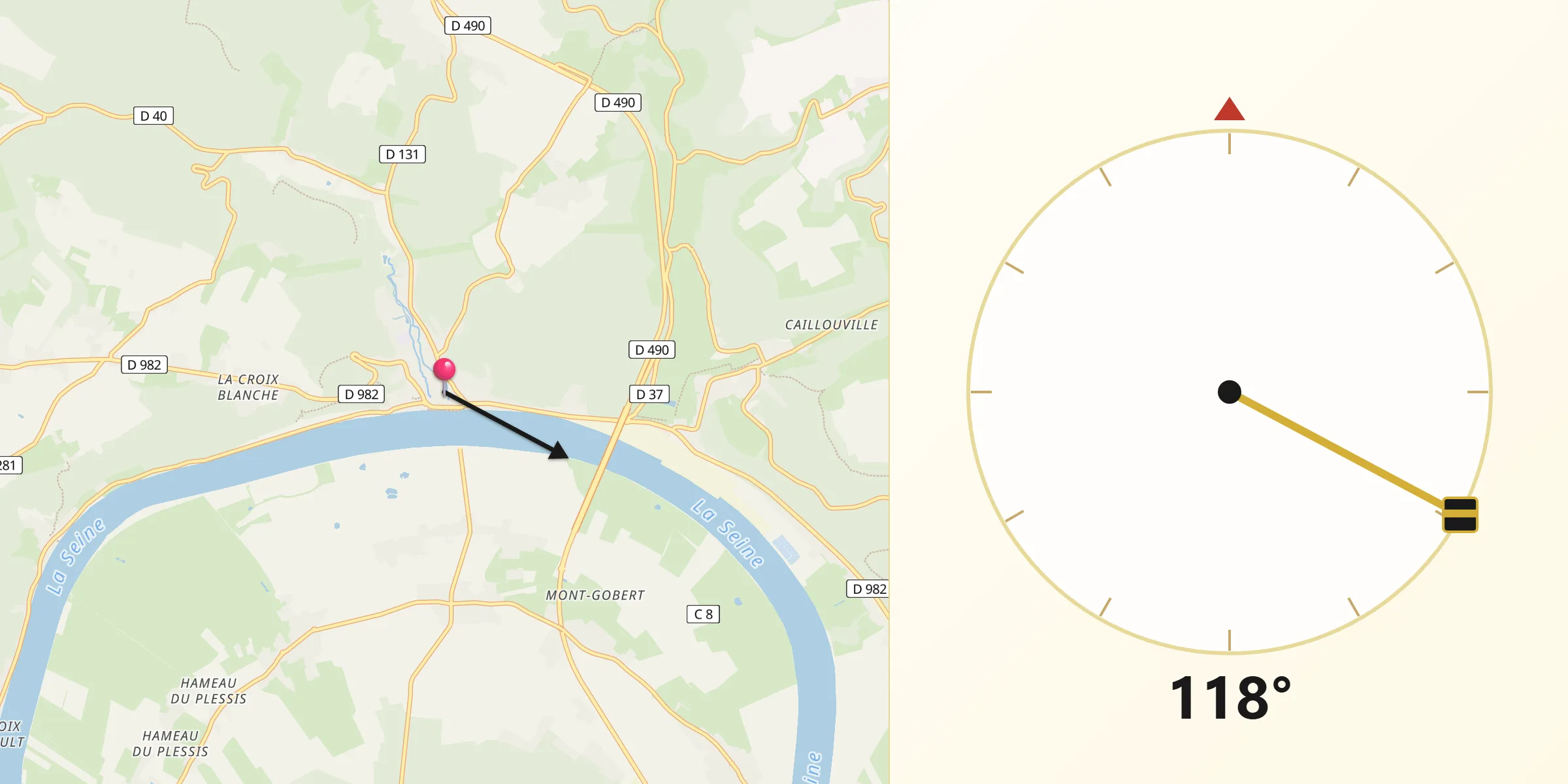 Direction vers la Qibla depuis Caudebec-en-Caux