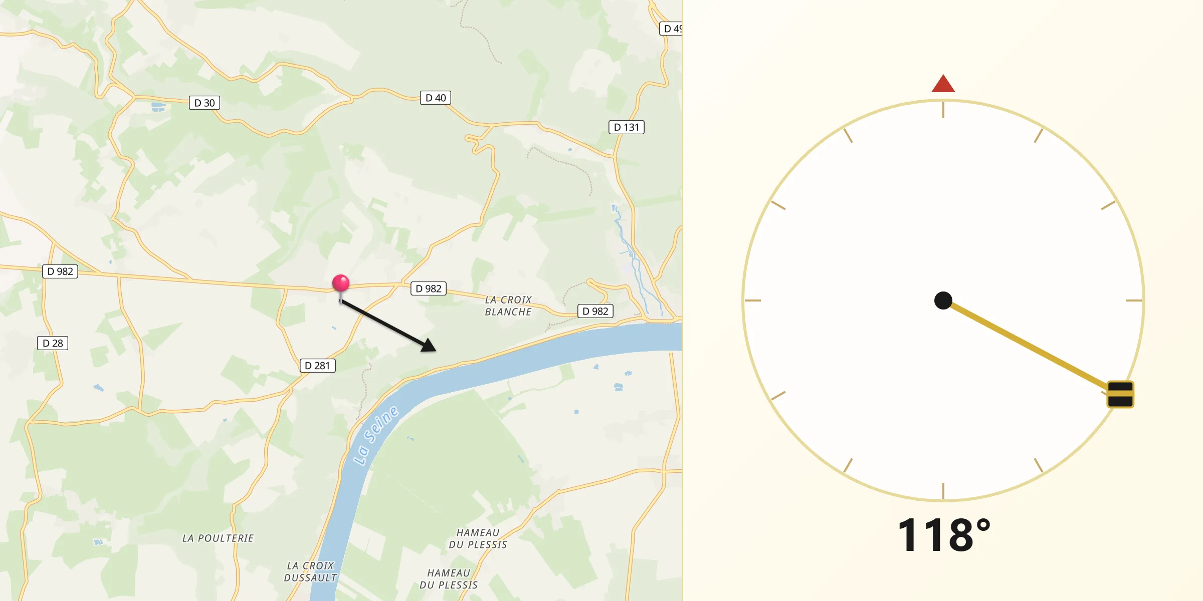 Direction vers la Qibla depuis Saint-Arnoult
