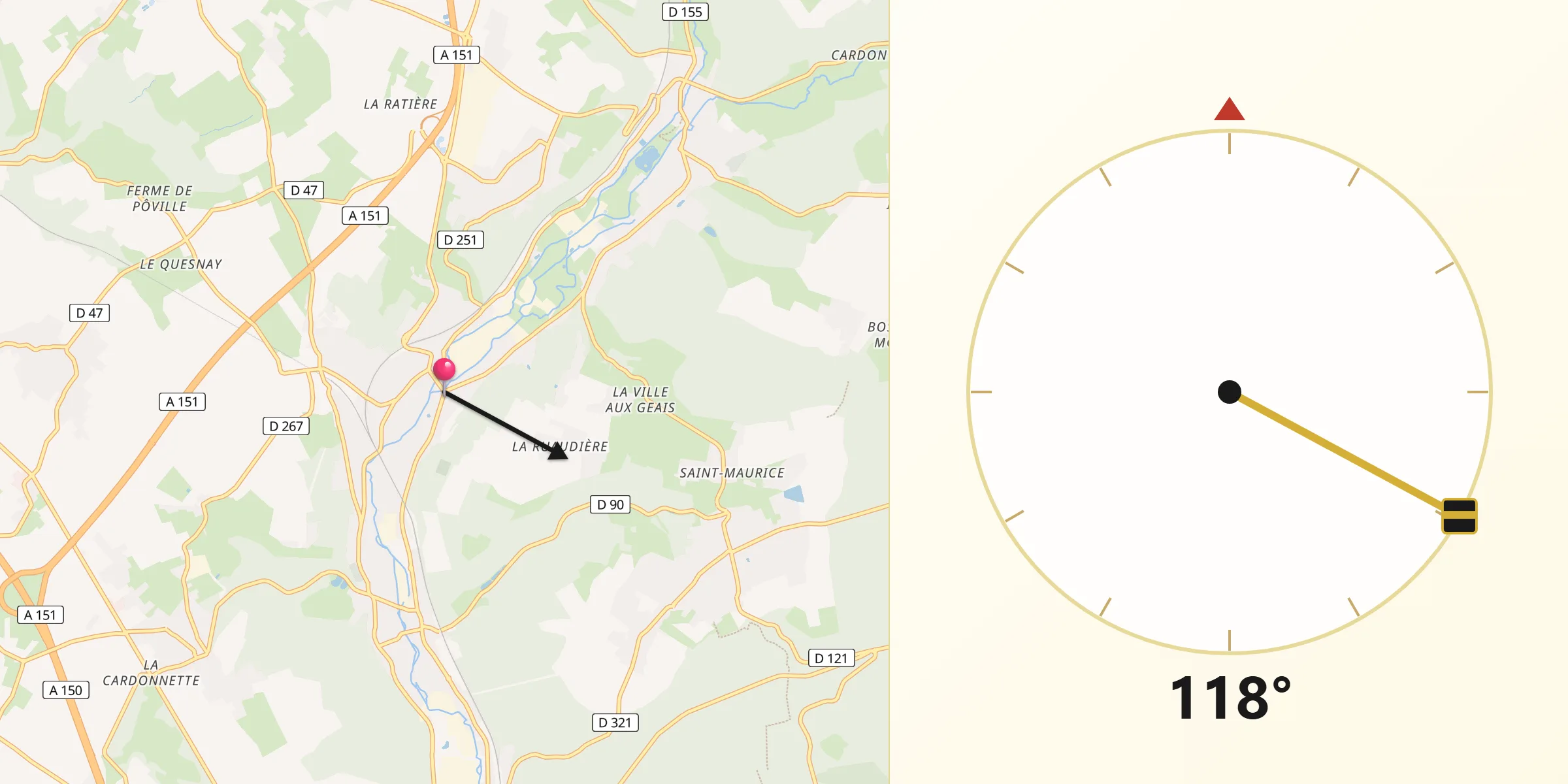 Direction vers la Qibla depuis Malaunay