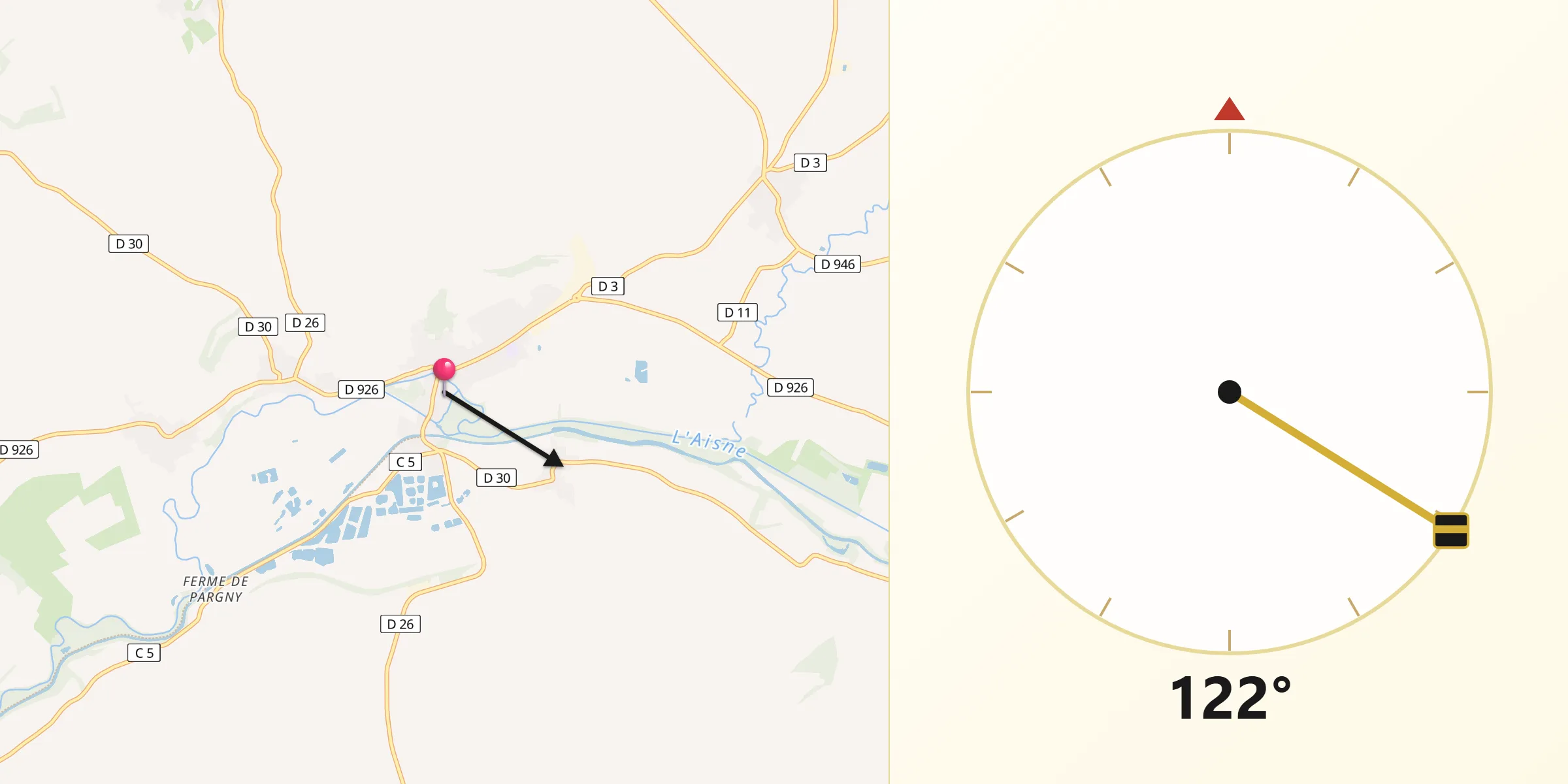 Direction vers la Qibla depuis Château-Porcien
