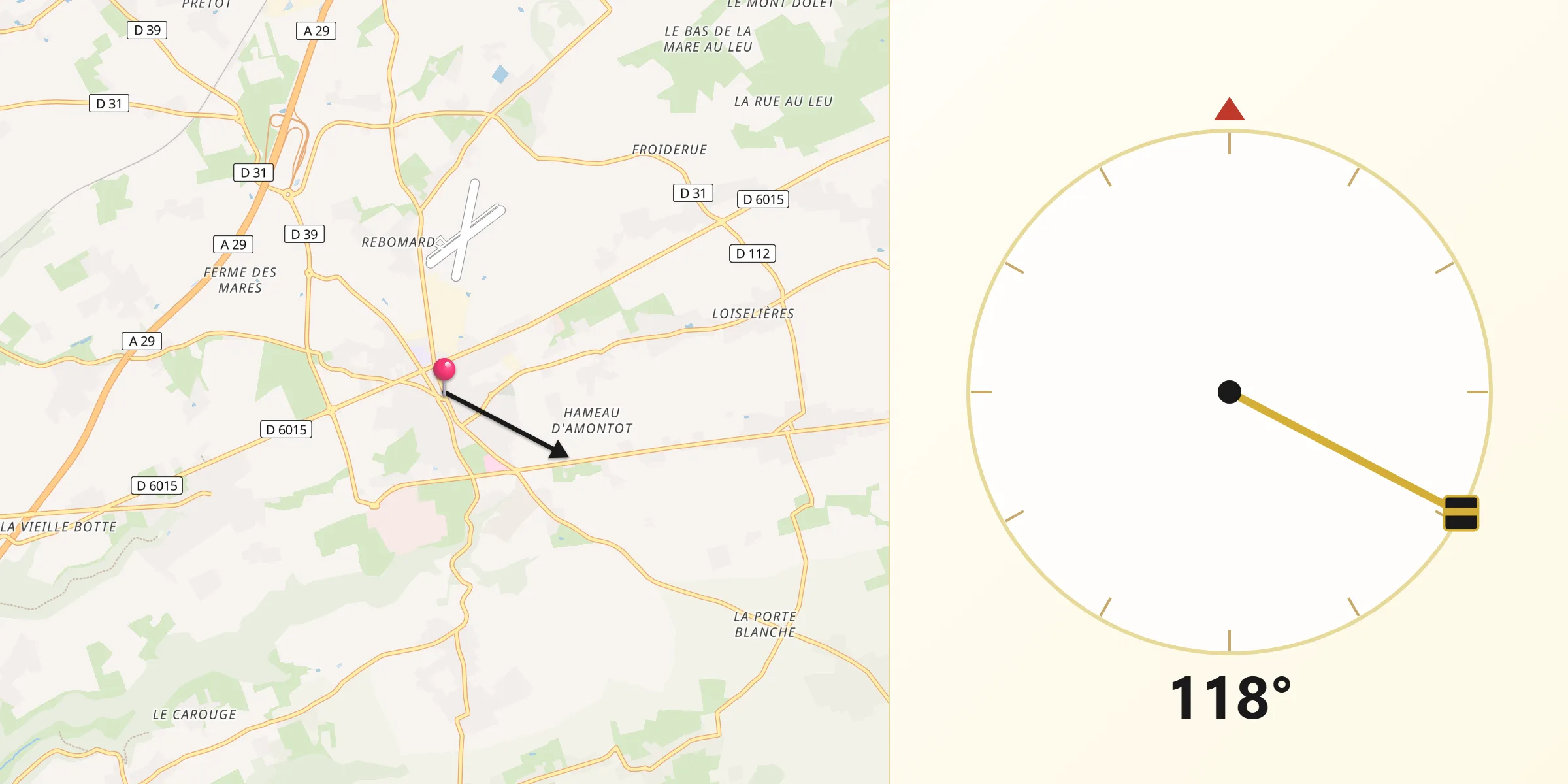 Direction vers la Qibla depuis Saint-Romain-de-Colbosc