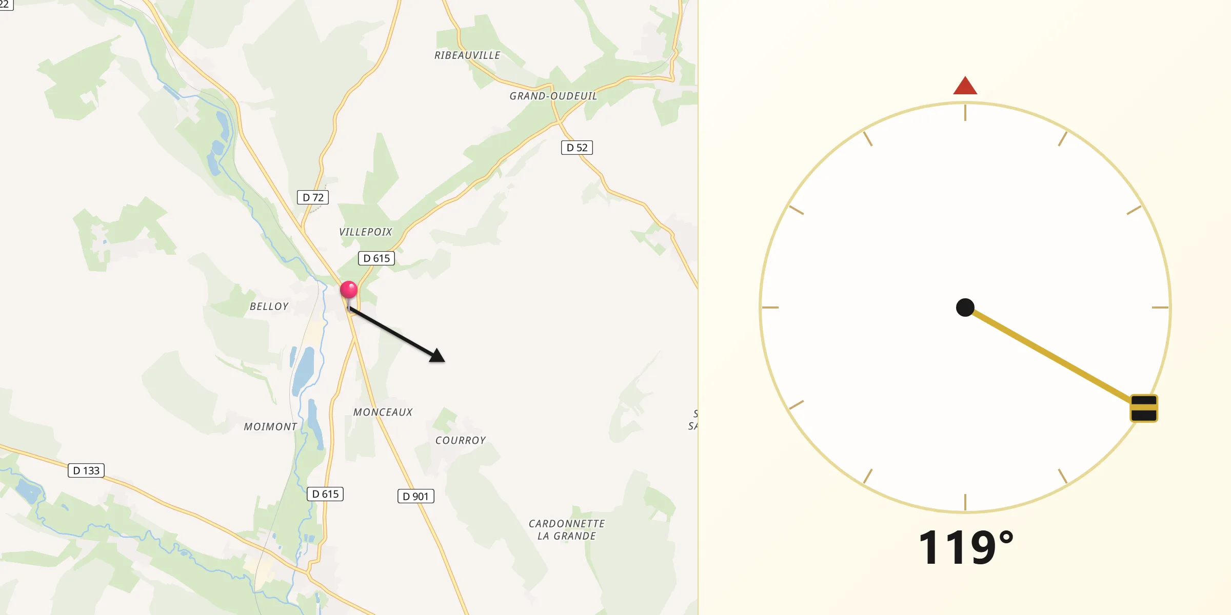 Direction vers la Qibla depuis Saint-Omer-en-Chaussée