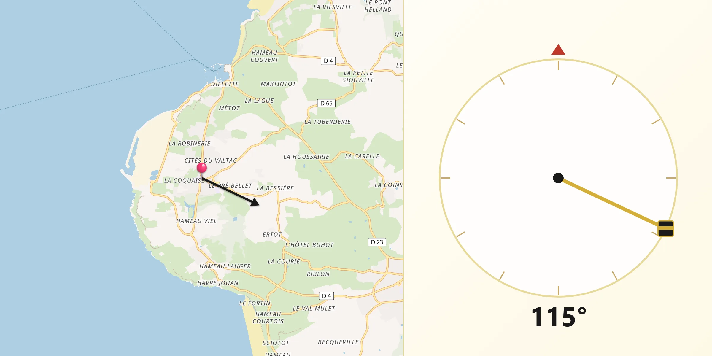 Direction vers la Qibla depuis Flamanville