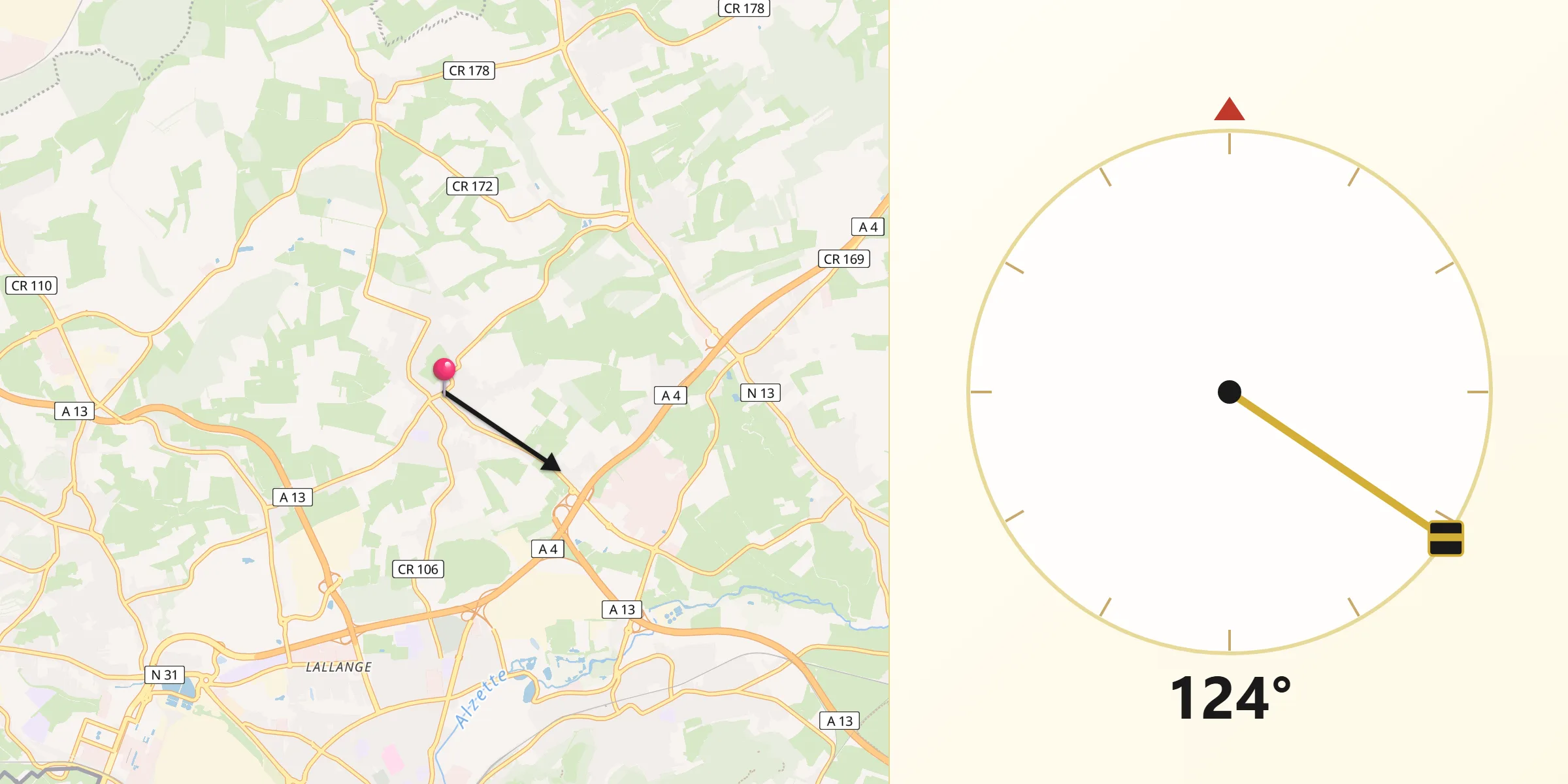 Direction vers la Qibla depuis Mondercange