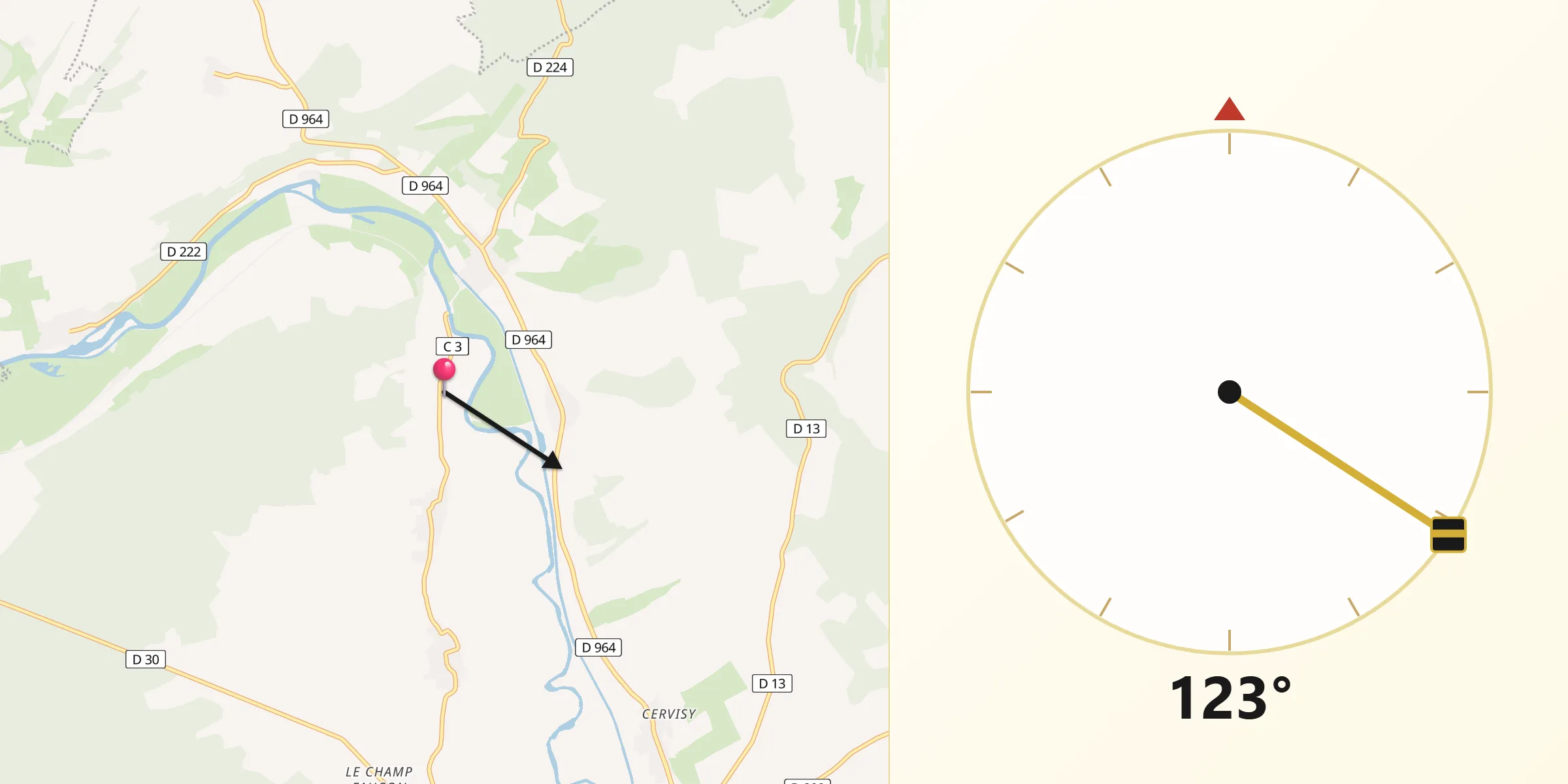 Direction vers la Qibla depuis Martincourt-sur-Meuse