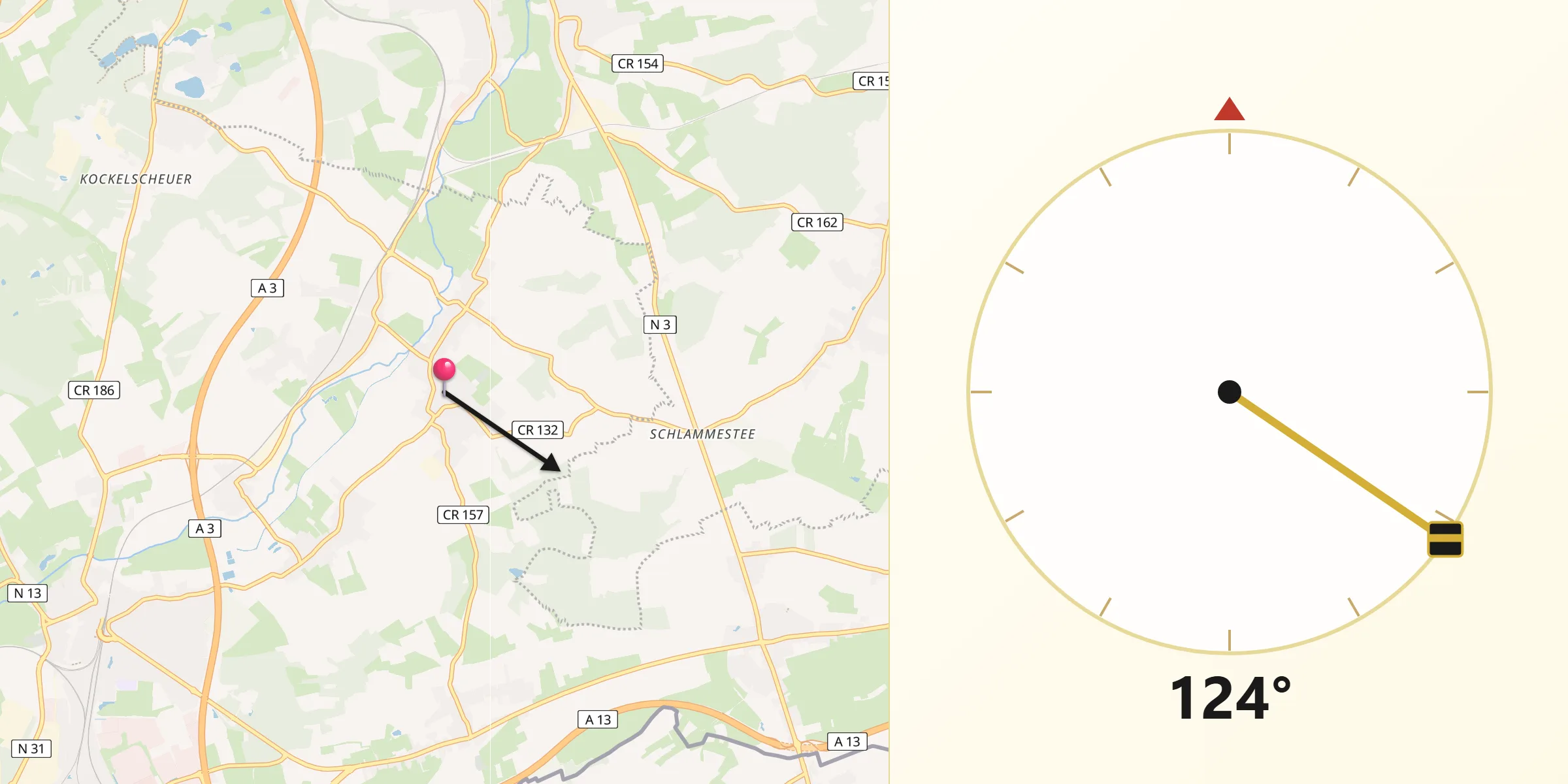 Direction vers la Qibla depuis Roeser