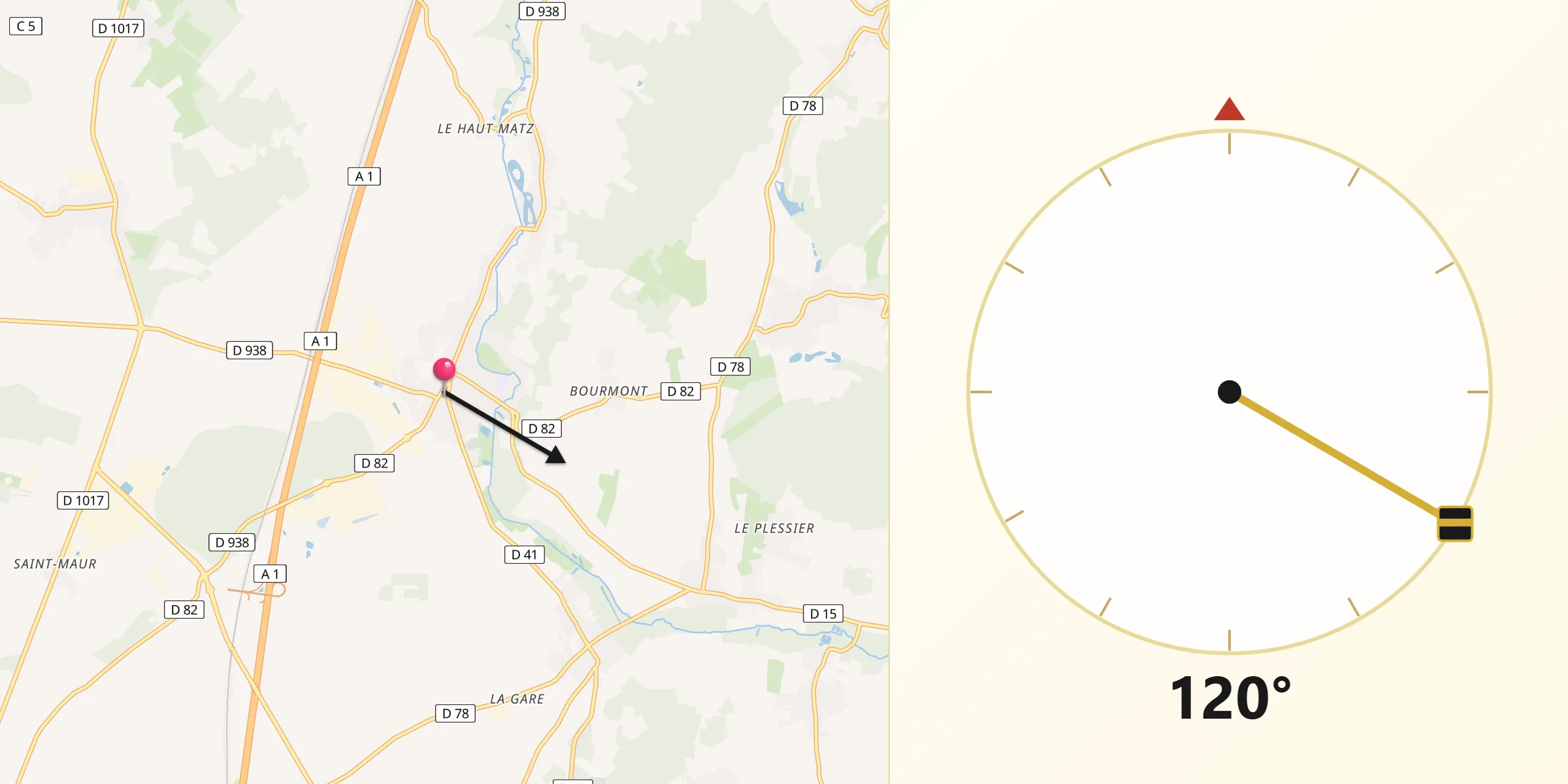 Direction vers la Qibla depuis Ressons-sur-Matz