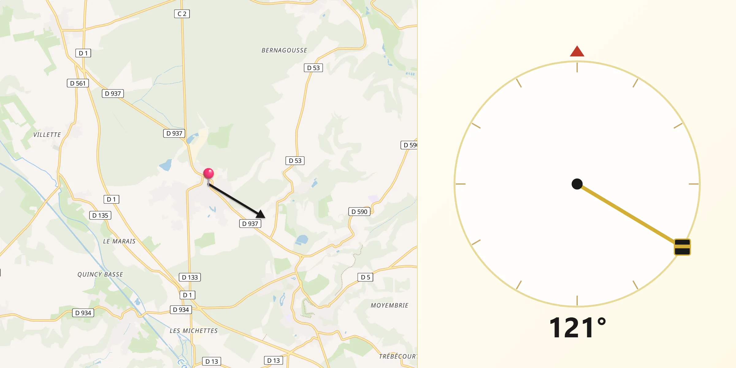 Direction vers la Qibla depuis Folembray