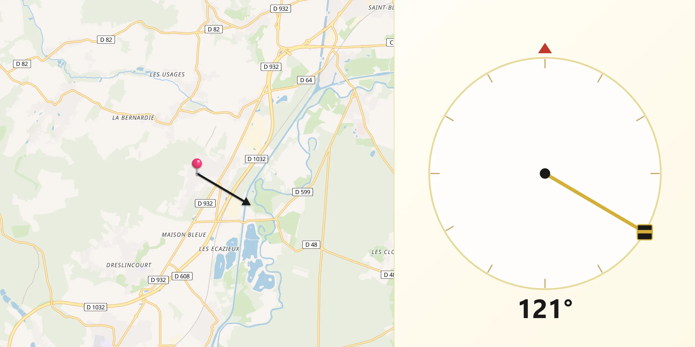 Direction vers la Qibla depuis Chiry-Ourscamp