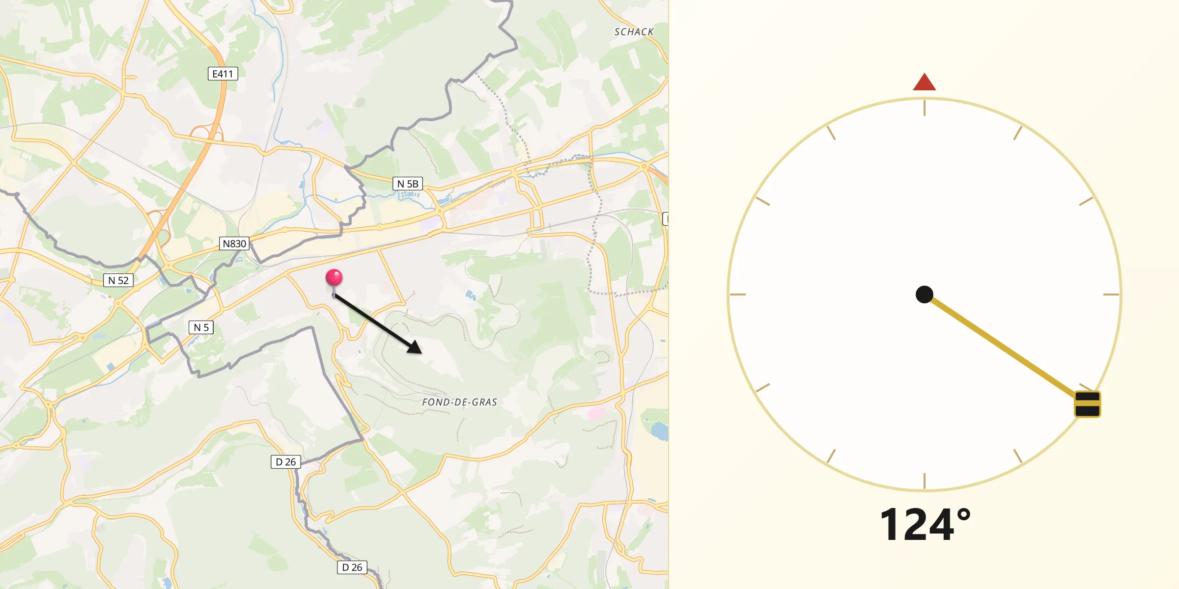 Direction vers la Qibla depuis Rodange