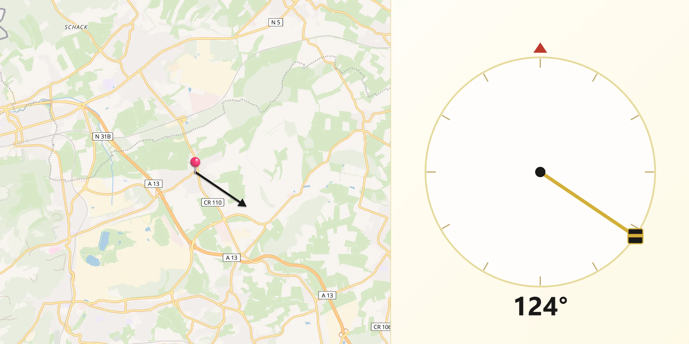Direction vers la Qibla depuis Sanem