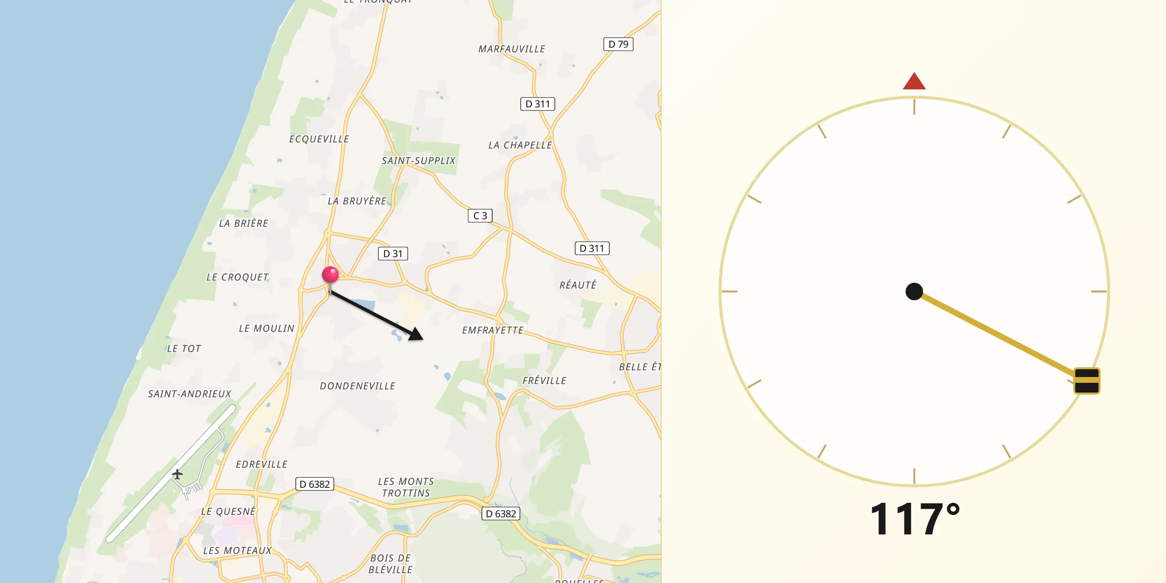 Direction vers la Qibla depuis Octeville-sur-Mer