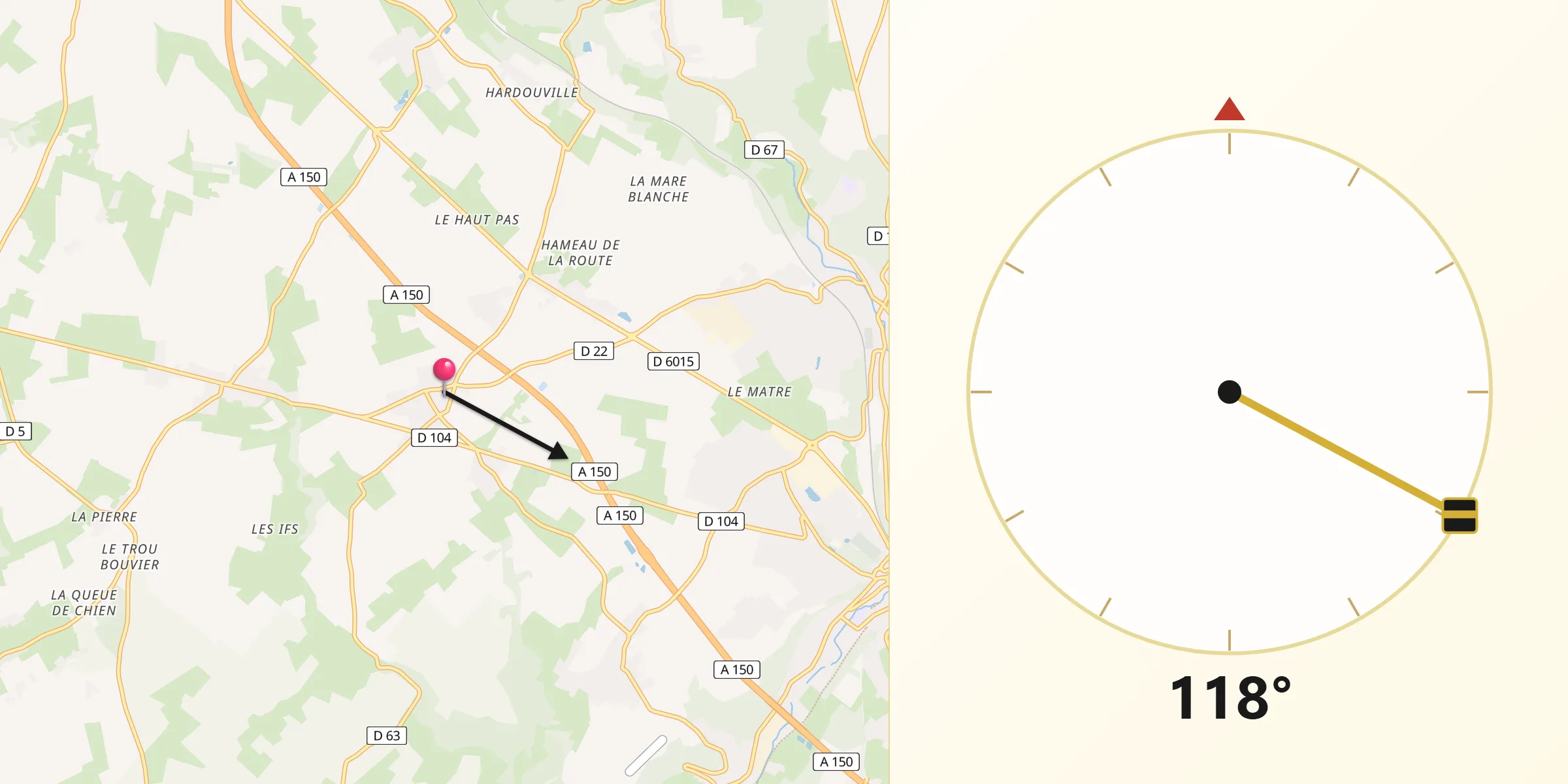 Direction vers la Qibla depuis Bouville