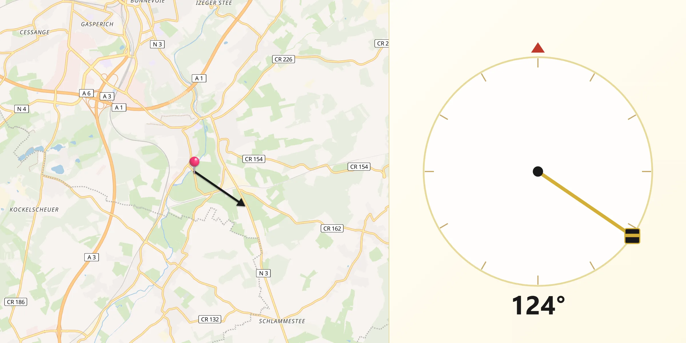 Direction vers la Qibla depuis Fentange