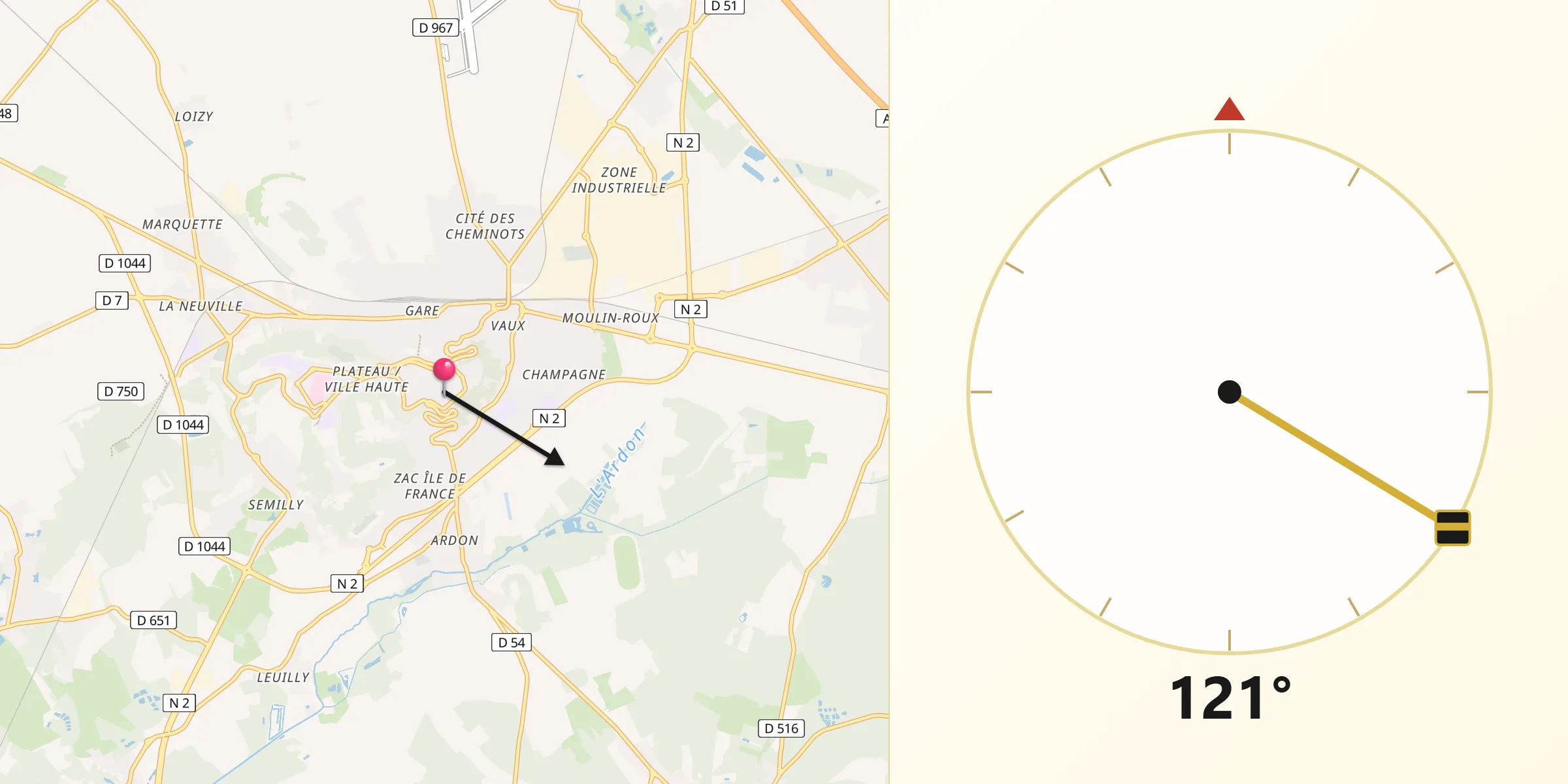 Direction vers la Qibla depuis Laon