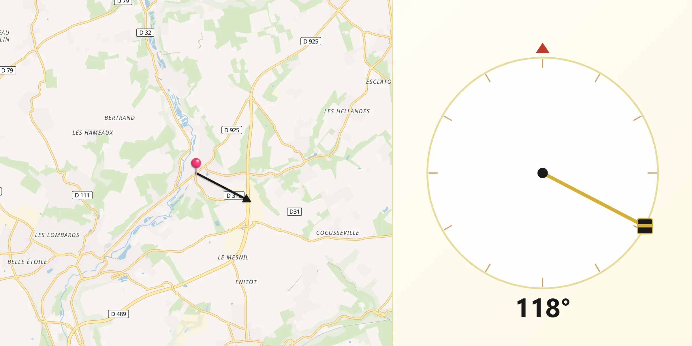 Direction vers la Qibla depuis Épouville
