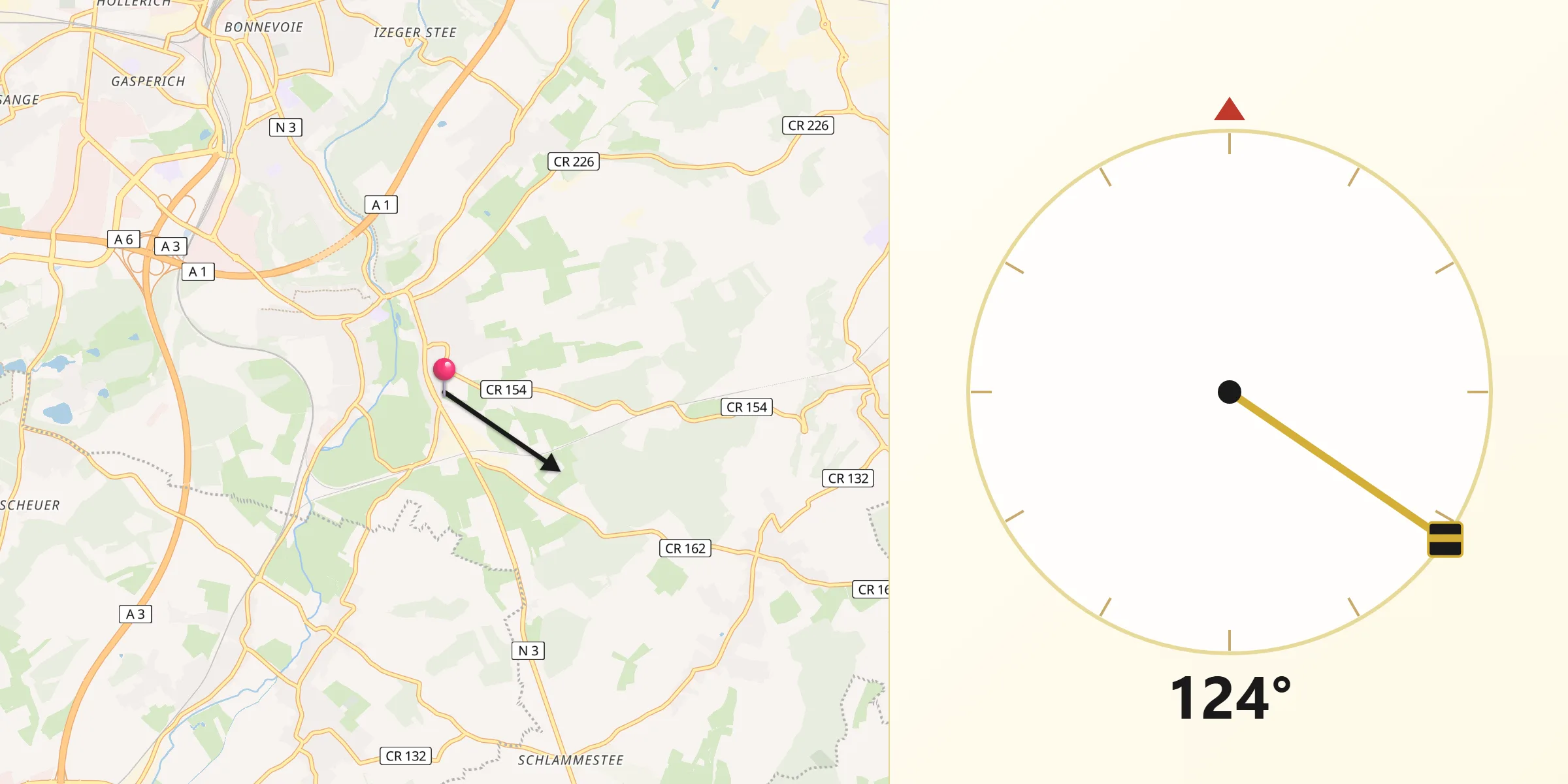 Direction vers la Qibla depuis Alzingen